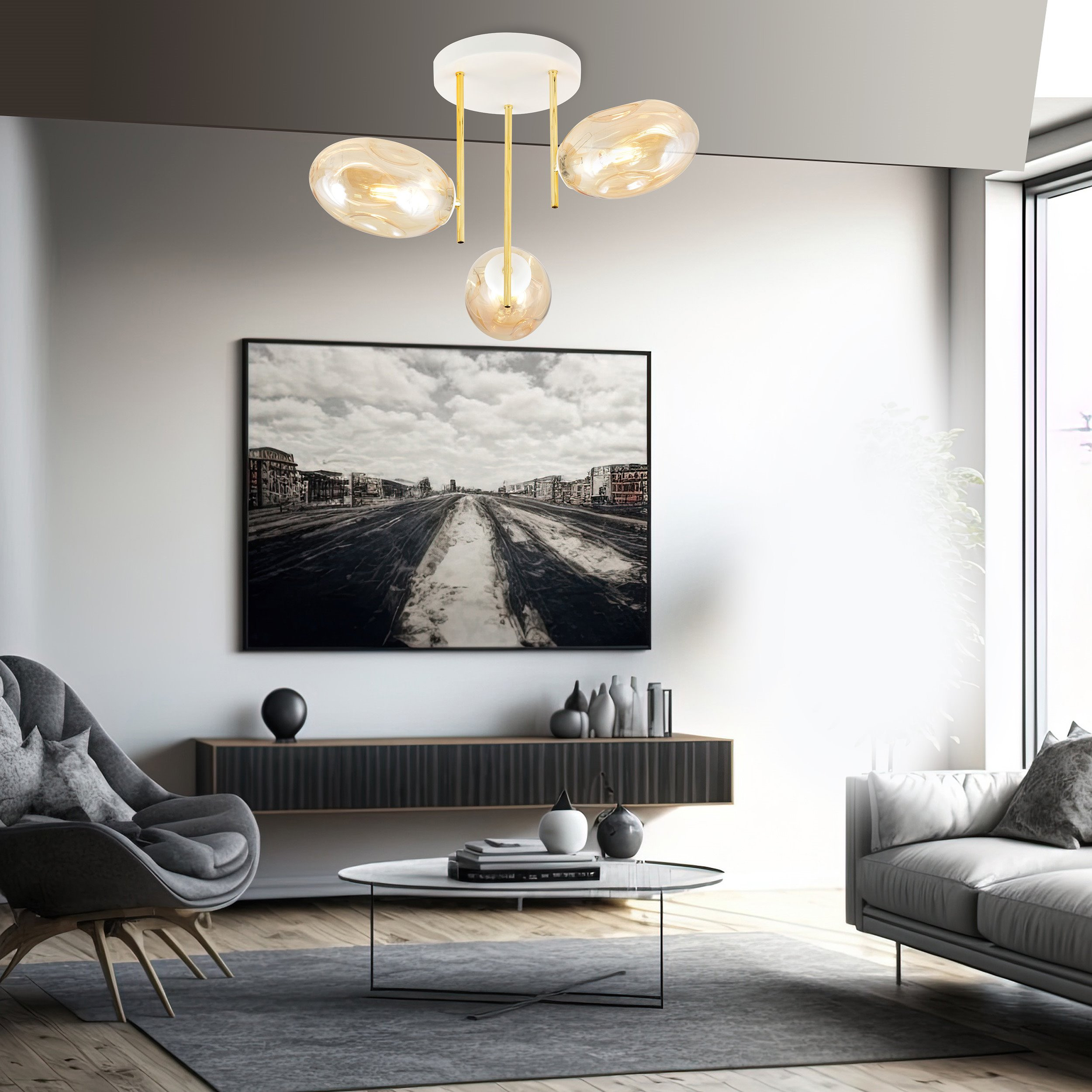Plafonnier Argo avec base en métal et abat-jour en verre ovale au design contemporain par Emibig Plafonnier Argo avec base en métal et abat-jour en verre ovale au design contemporain par Emibig