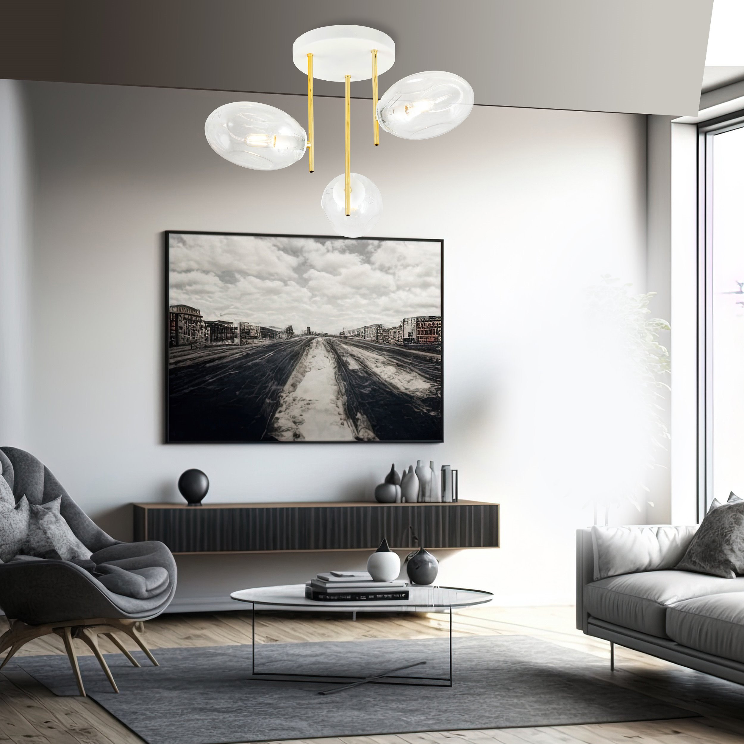 Plafonnier Argo avec base en métal et abat-jour en verre ovale au design contemporain par Emibig Plafonnier Argo avec base en métal et abat-jour en verre ovale au design contemporain par Emibig
