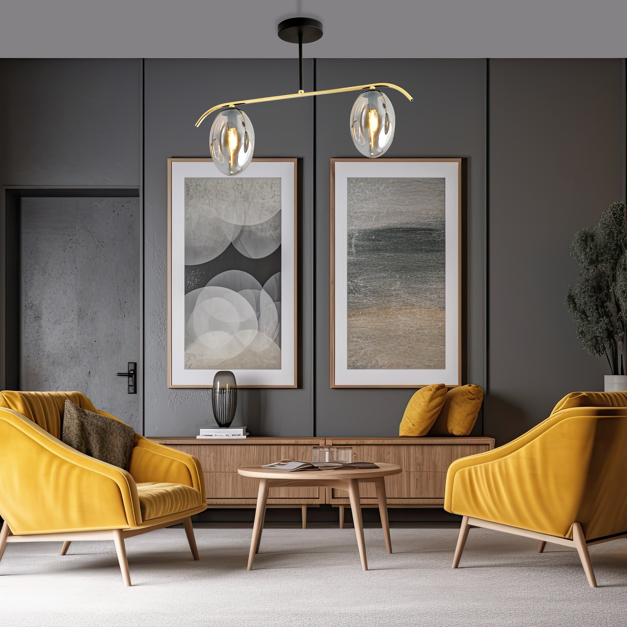Plafonnier Fines base en métal noir et or avec abat-jour en verre ovale au design contemporain par Emibig Plafonnier Fines base en métal noir et or avec abat-jour en verre ovale au design contemporain par Emibig