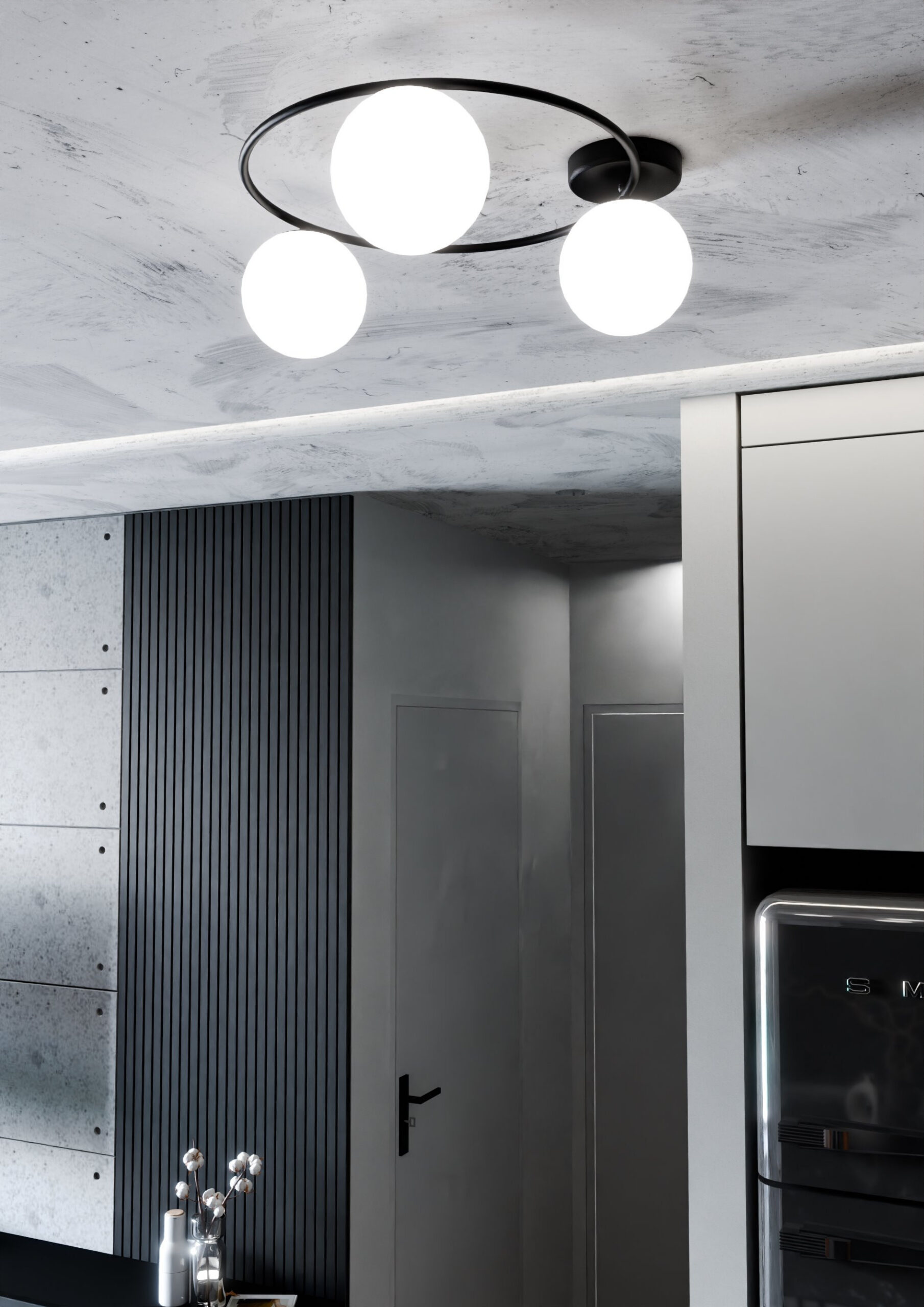 Plafonnier Sopra avec base en anneau en métal et abat-jour en boule de verre au design contemporain par Emibig Plafonnier Sopra avec base en anneau en métal et abat-jour en boule de verre au design contemporain par Emibig
