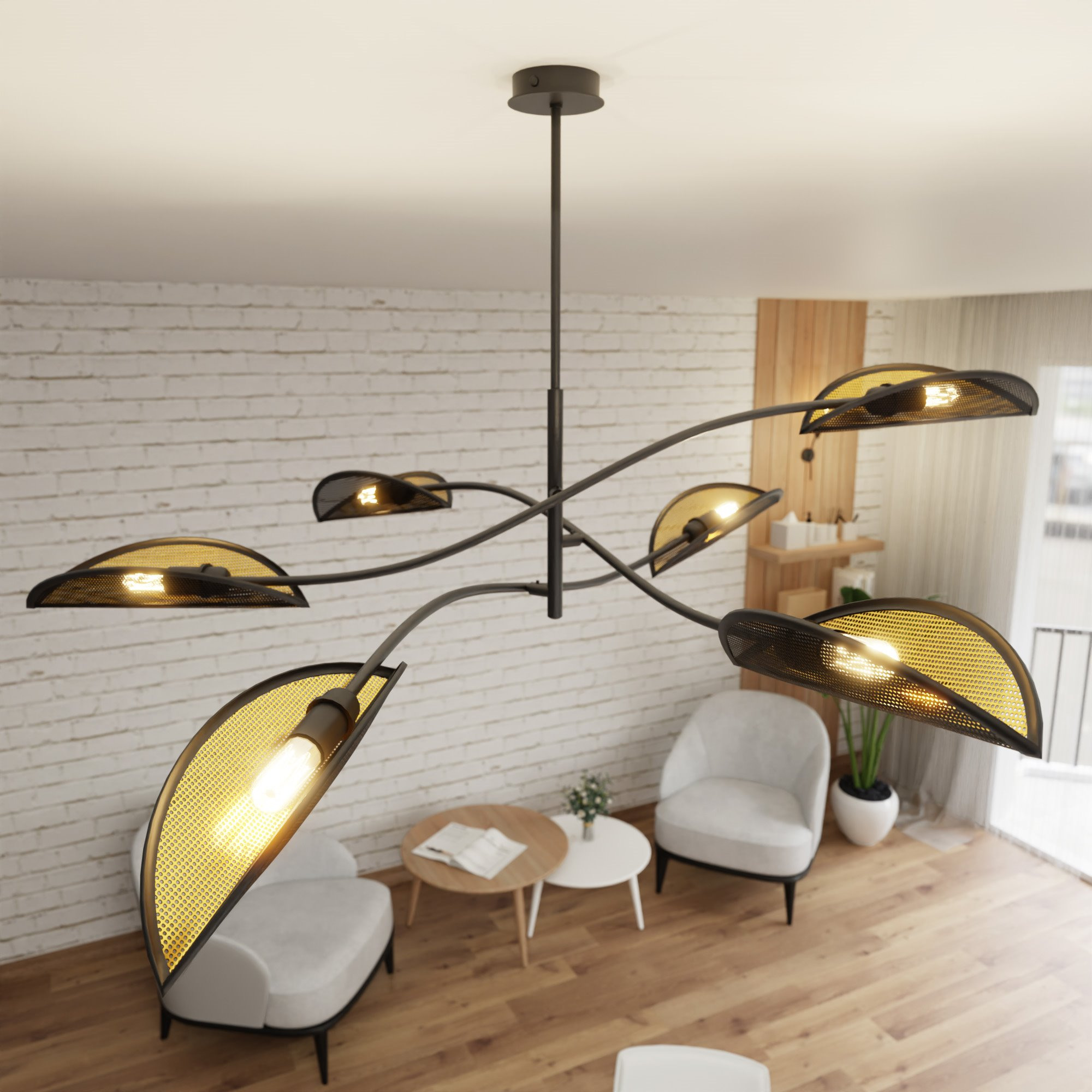 Plafonnier Lotus base en métal avec abat-jour en rotin au design contemporain par Emibig Plafonnier Lotus base en métal avec abat-jour en rotin au design contemporain par Emibig
