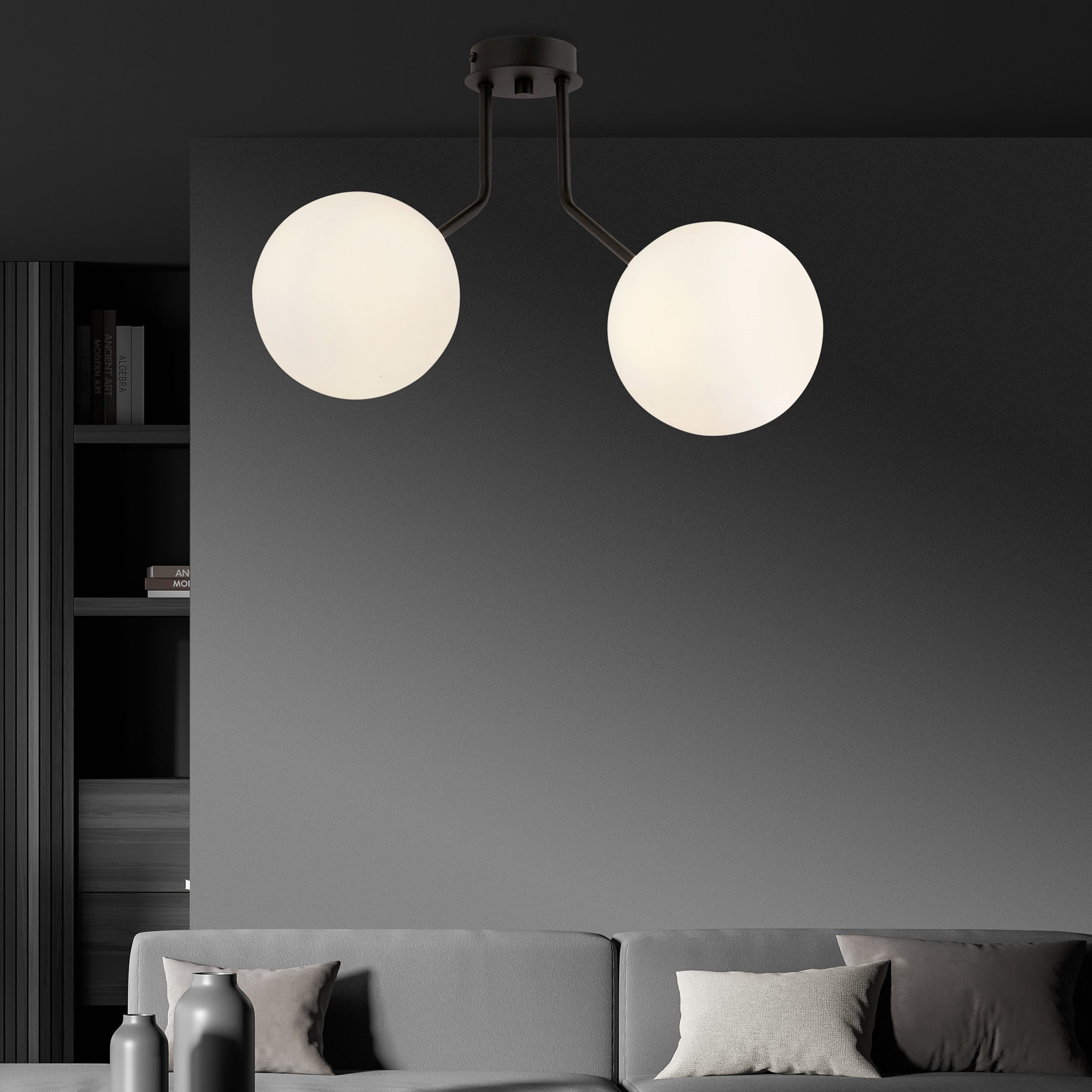 Plafonnier Nova base en métal noire avec abat-jour en boule de verre au design contemporain par Emibig Plafonnier Nova base en métal noire avec abat-jour en boule de verre au design contemporain par Emibig