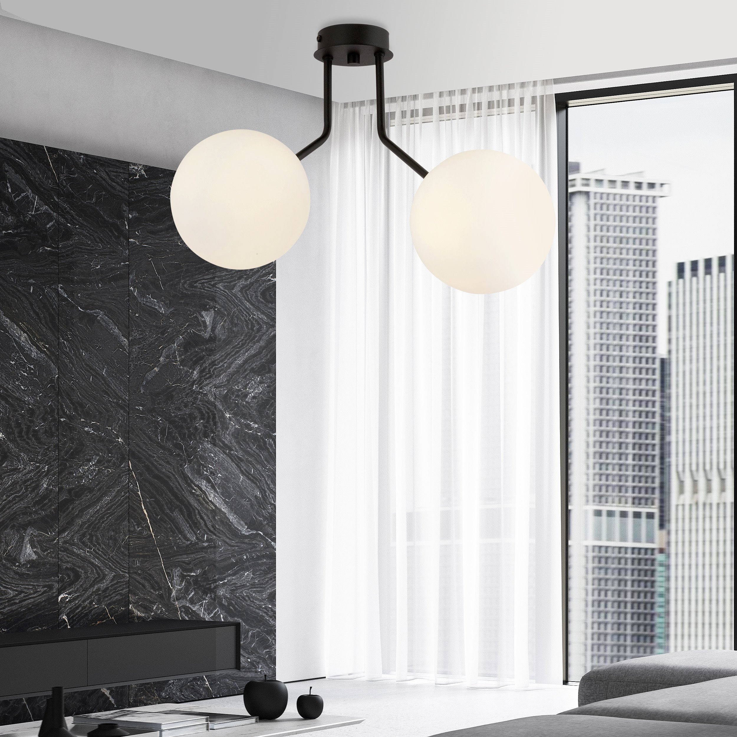Plafonnier Nova base en métal noire avec abat-jour en boule de verre au design contemporain par Emibig Plafonnier Nova base en métal noire avec abat-jour en boule de verre au design contemporain par Emibig