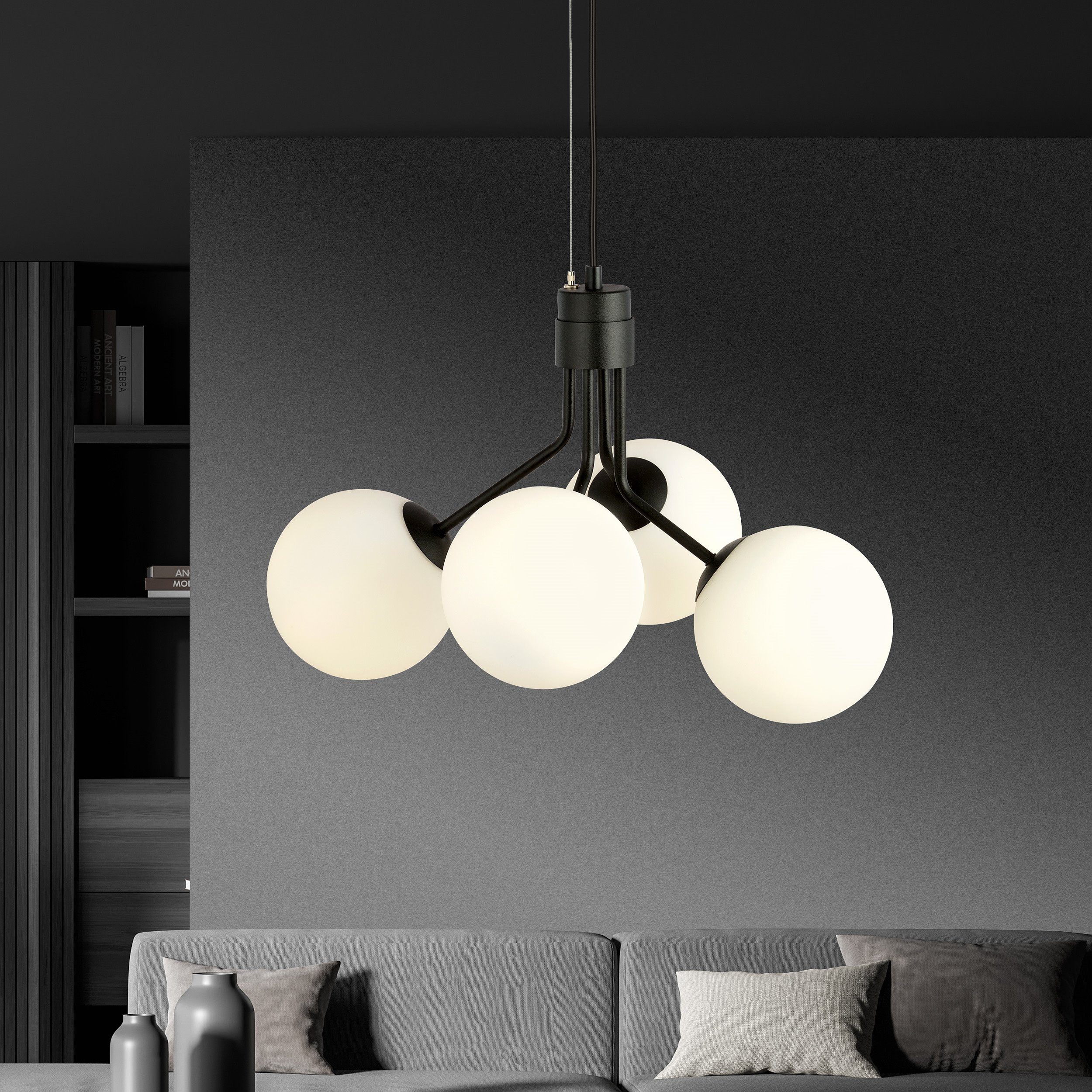 Suspension Nova base en métal noire avec abat-jour en boule de verre au design contemporain par Emibig Suspension Nova base en métal noire avec abat-jour en boule de verre au design contemporain par Emibig