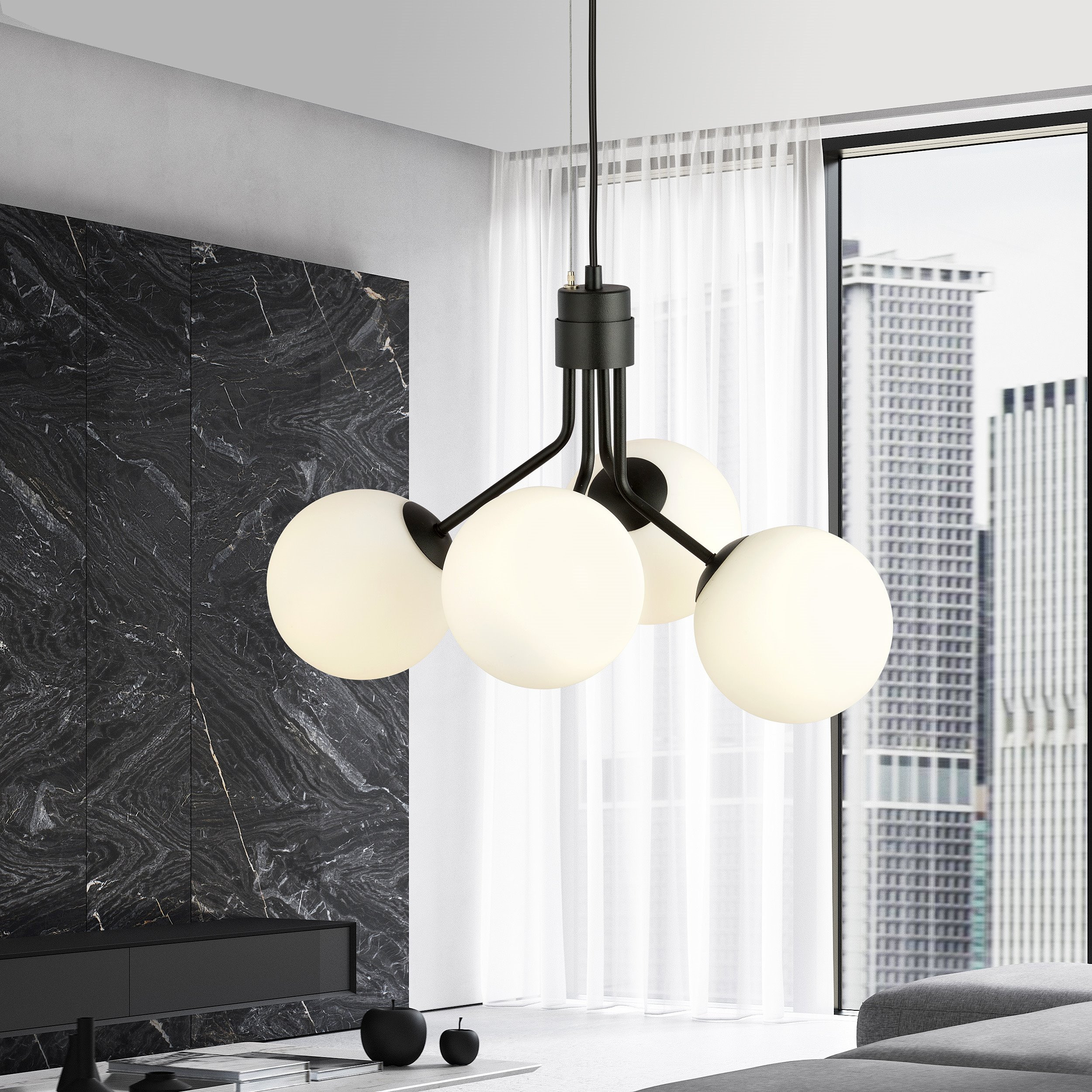 Suspension Nova base en métal noire avec abat-jour en boule de verre au design contemporain par Emibig Suspension Nova base en métal noire avec abat-jour en boule de verre au design contemporain par Emibig