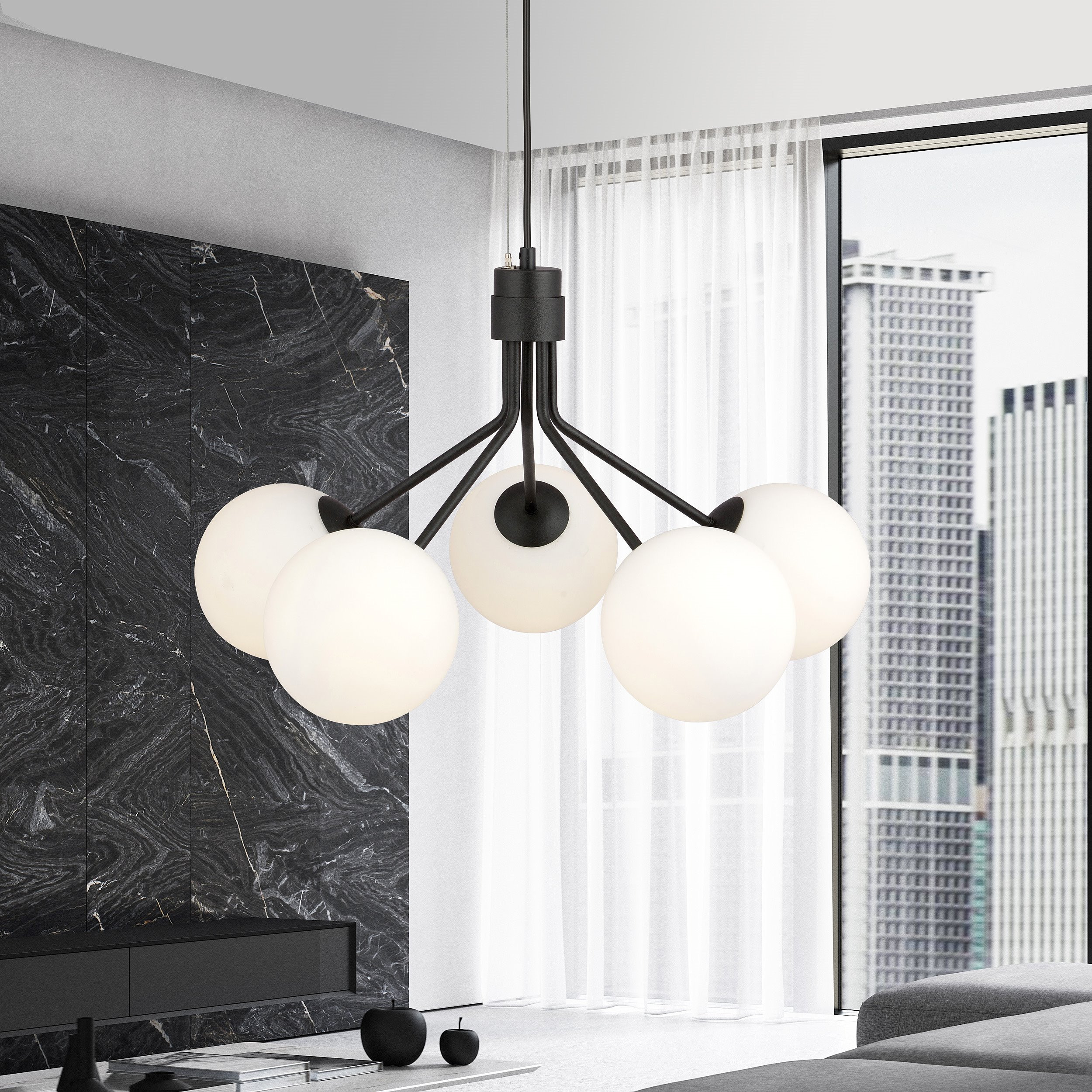 Suspension Nova base en métal noire avec abat-jour en boule de verre au design contemporain par Emibig Suspension Nova base en métal noire avec abat-jour en boule de verre au design contemporain par Emibig