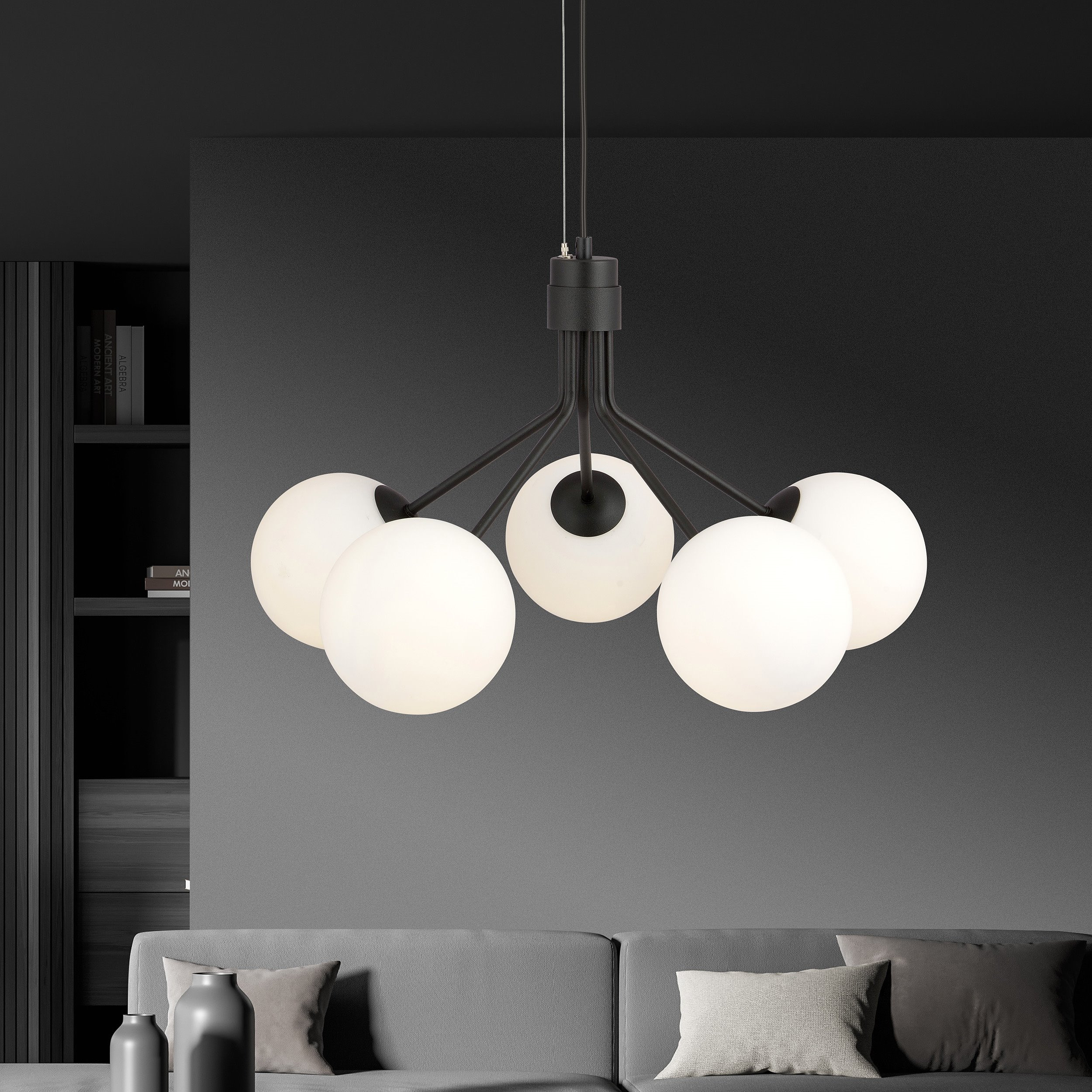 Suspension Nova base en métal noire avec abat-jour en boule de verre au design contemporain par Emibig Suspension Nova base en métal noire avec abat-jour en boule de verre au design contemporain par Emibig