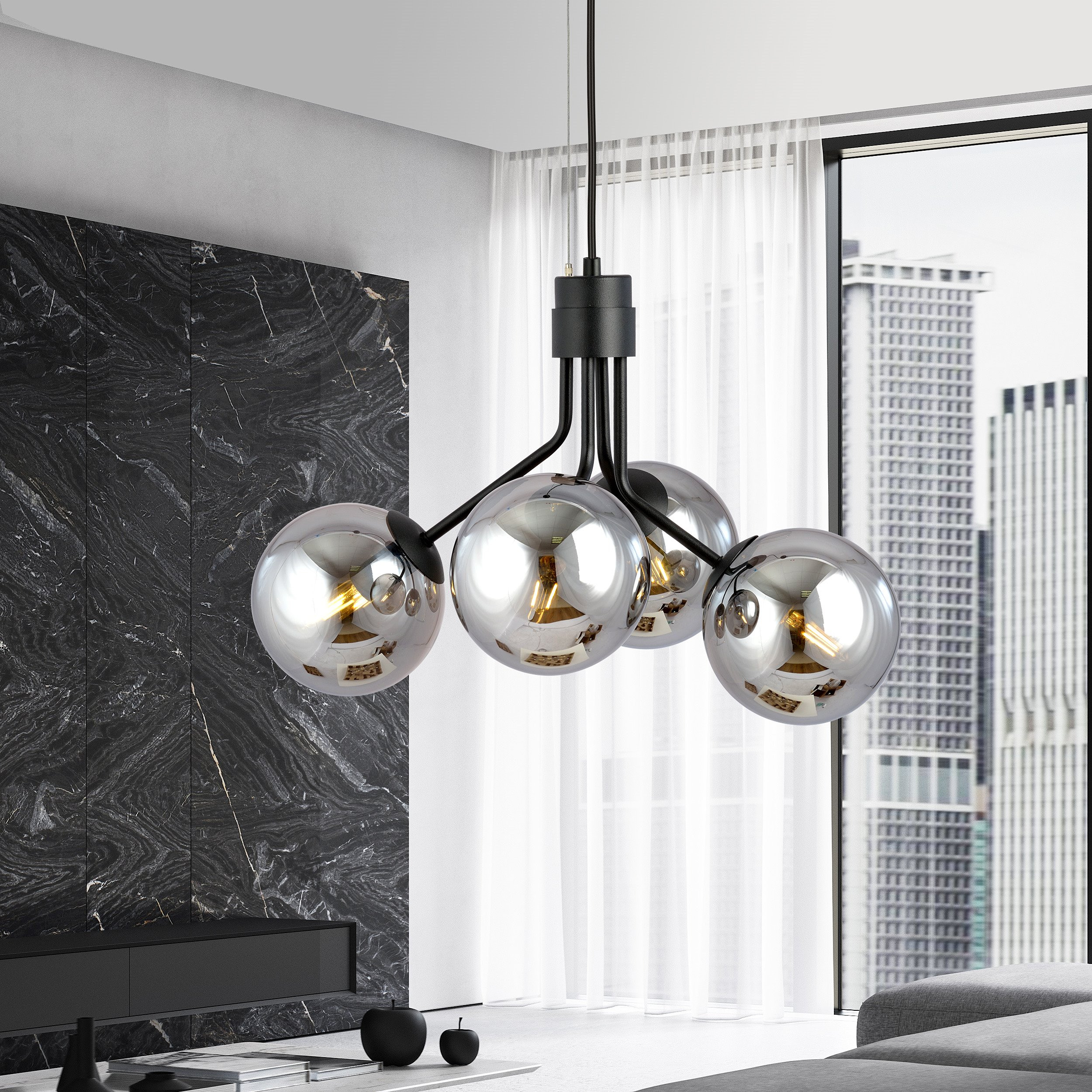 Suspension Nova base en métal noire avec abat-jour en boule de verre au design contemporain par Emibig Suspension Nova base en métal noire avec abat-jour en boule de verre au design contemporain par Emibig