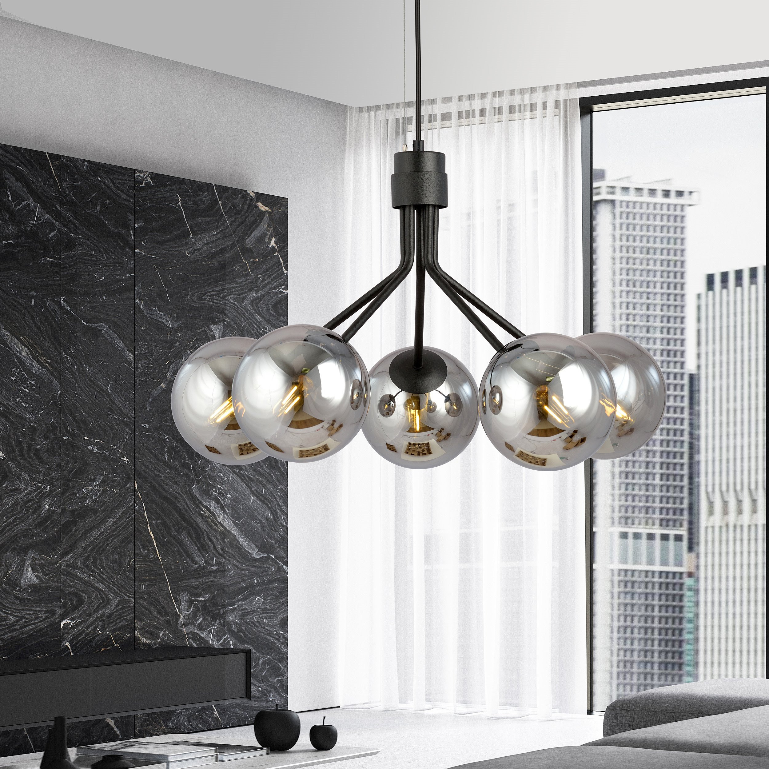 Suspension Nova base en métal noire avec abat-jour en boule de verre au design contemporain par Emibig Suspension Nova base en métal noire avec abat-jour en boule de verre au design contemporain par Emibig