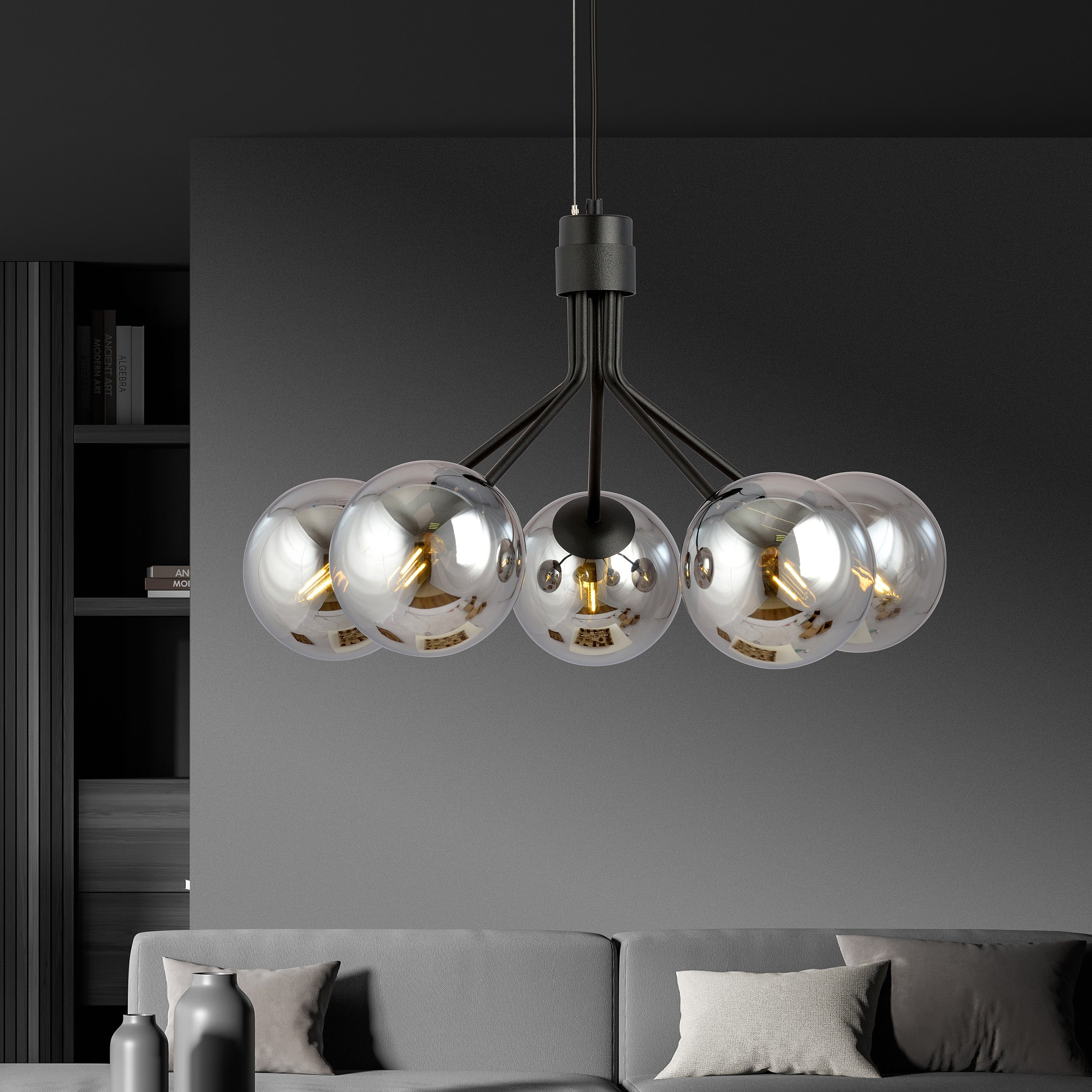 Suspension Nova base en métal noire avec abat-jour en boule de verre au design contemporain par Emibig Suspension Nova base en métal noire avec abat-jour en boule de verre au design contemporain par Emibig