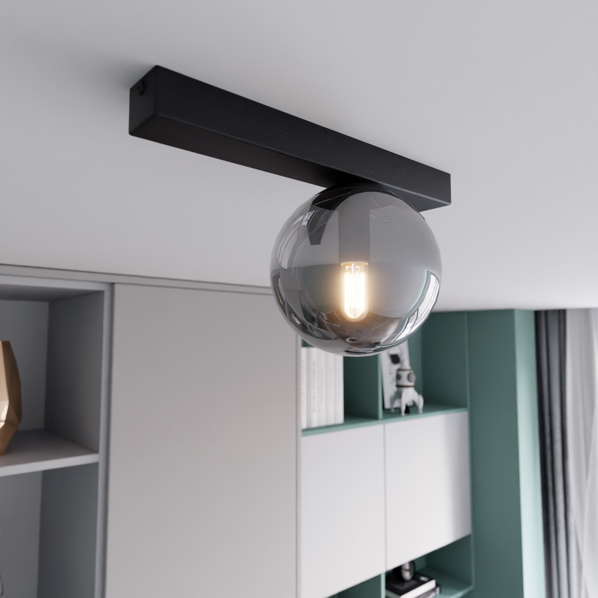Plafonnier Fit base en métal rectangle noire avec abat-jour en boule de verre au design contemporain par Emibig Plafonnier Fit base en métal rectangle noire avec abat-jour en boule de verre au design contemporain par Emibig