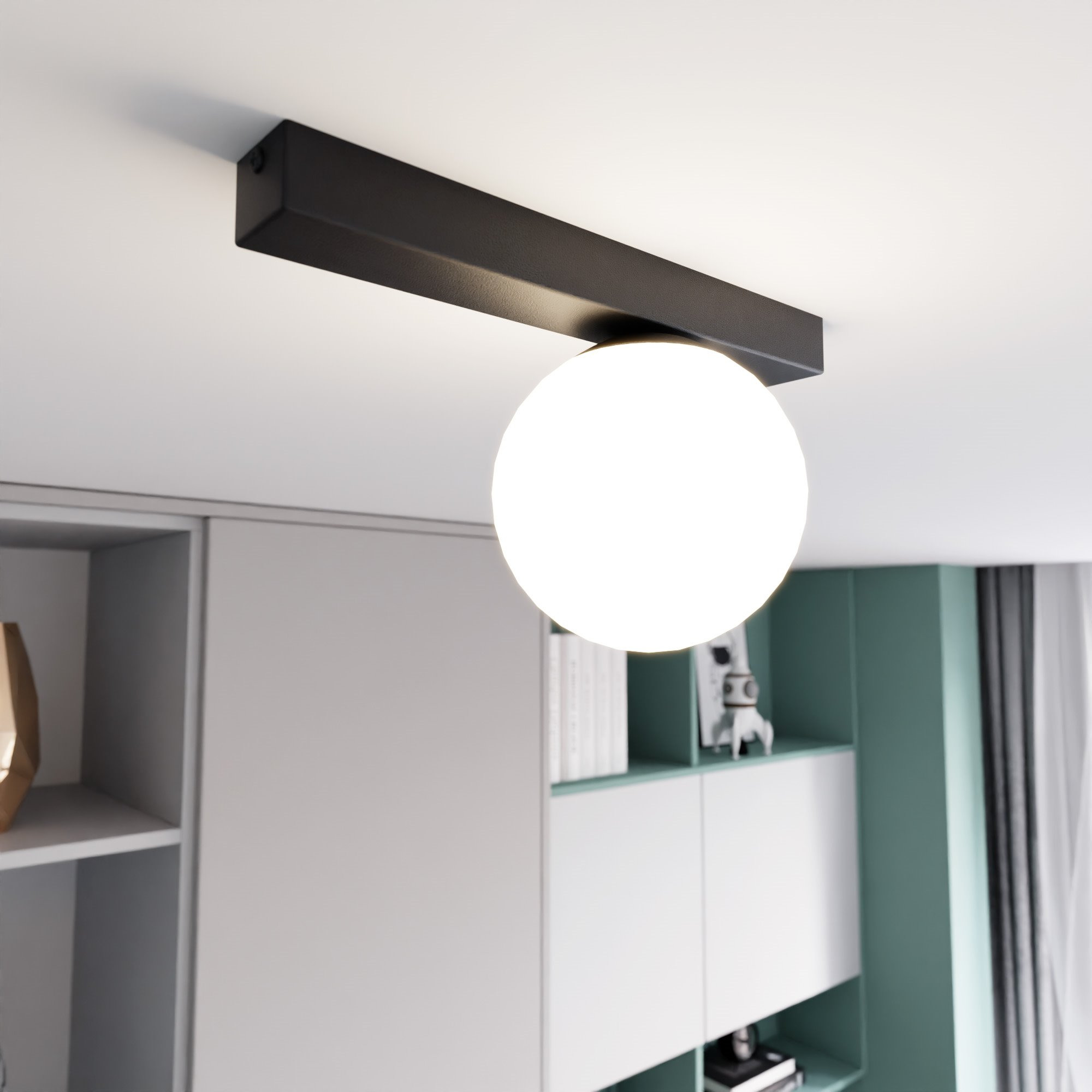 Plafonnier Fit base en métal rectangle noire avec abat-jour en boule de verre au design contemporain par Emibig Plafonnier Fit base en métal rectangle noire avec abat-jour en boule de verre au design contemporain par Emibig