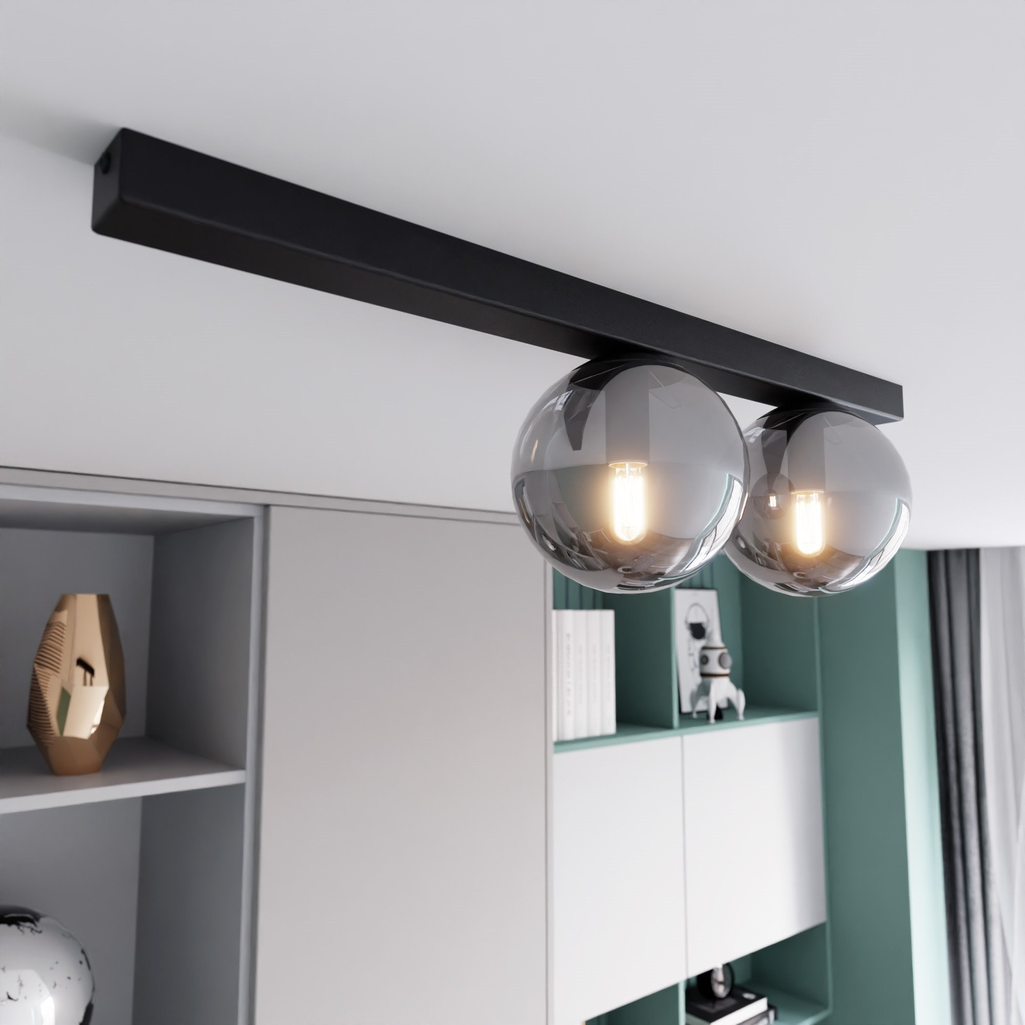 Plafonnier Fit base en métal rectangle noire avec abat-jour en boule de verre au design contemporain par Emibig Plafonnier Fit base en métal rectangle noire avec abat-jour en boule de verre au design contemporain par Emibig