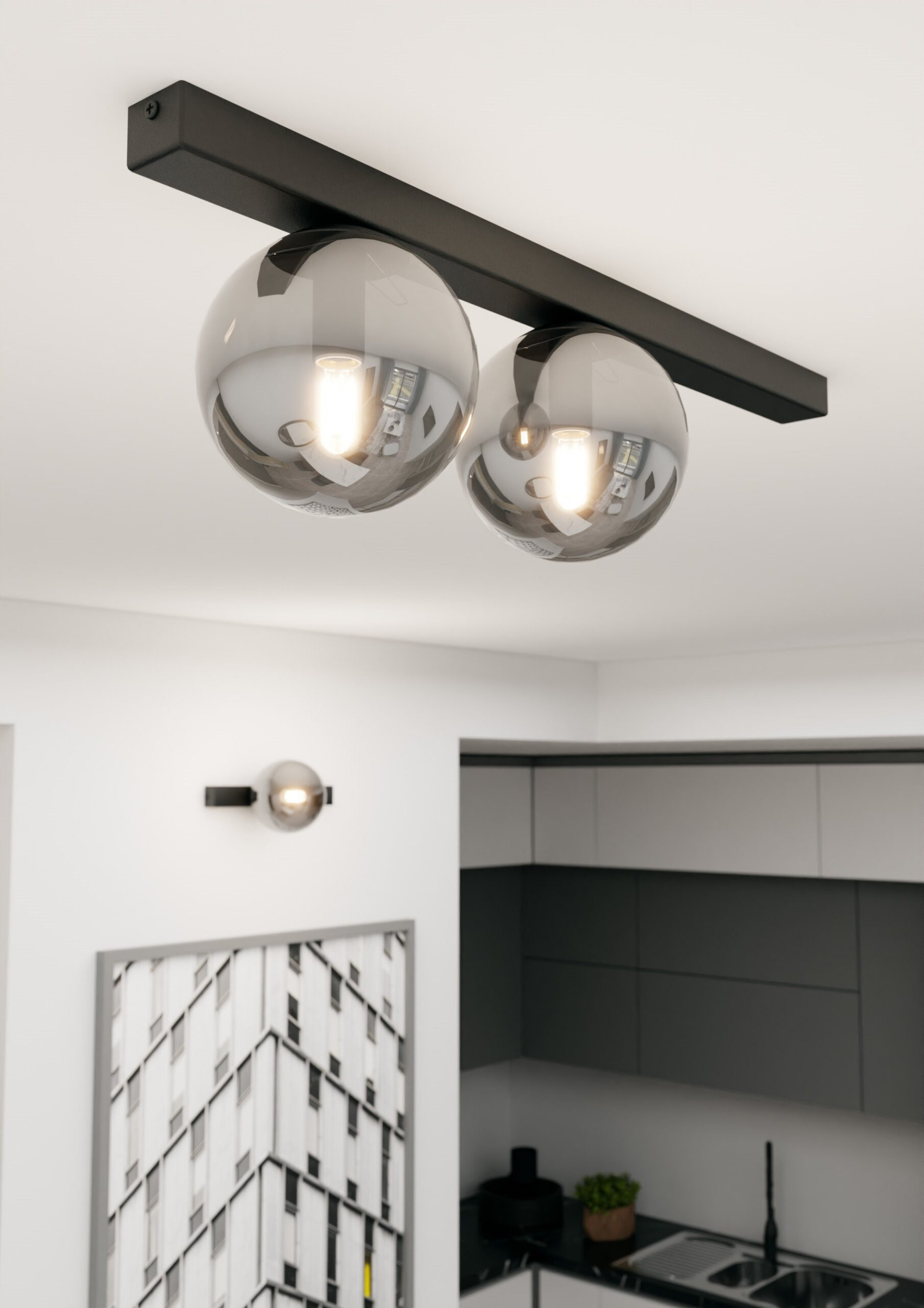 Plafonnier Fit base en métal rectangle noire avec abat-jour en boule de verre au design contemporain par Emibig Plafonnier Fit base en métal rectangle noire avec abat-jour en boule de verre au design contemporain par Emibig