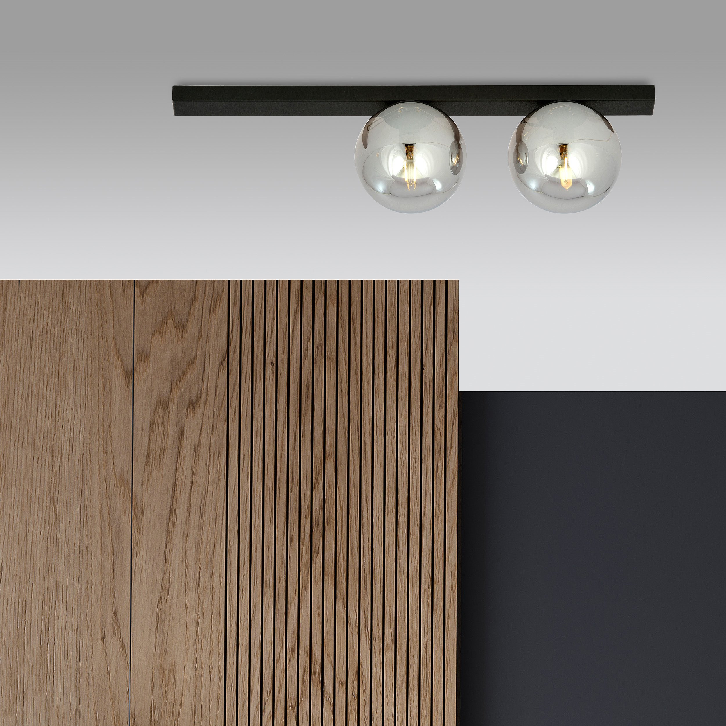 Plafonnier Fit base en métal rectangle noire avec abat-jour en boule de verre au design contemporain par Emibig Plafonnier Fit base en métal rectangle noire avec abat-jour en boule de verre au design contemporain par Emibig