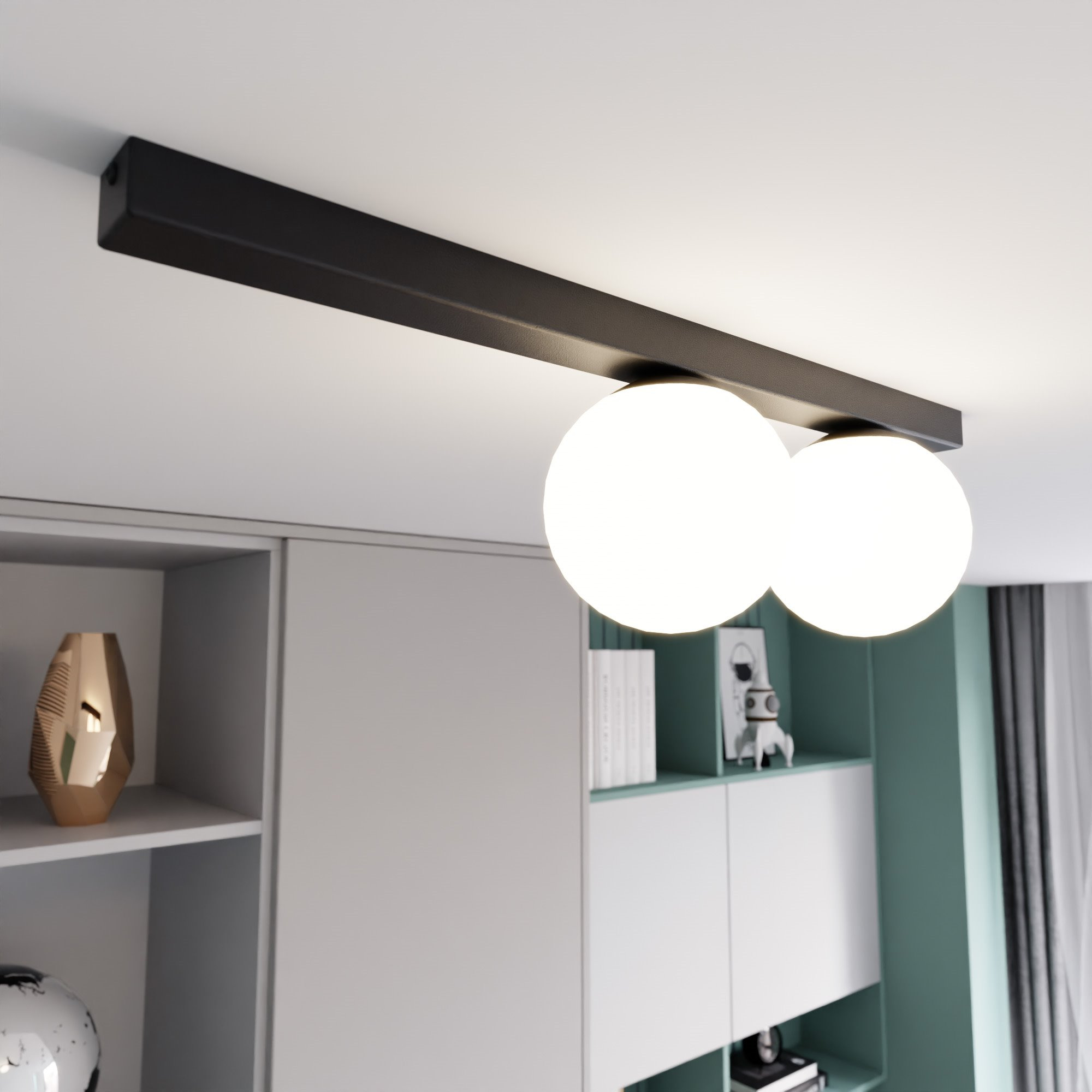 Plafonnier Fit base en métal rectangle noire avec abat-jour en boule de verre au design contemporain par Emibig Plafonnier Fit base en métal rectangle noire avec abat-jour en boule de verre au design contemporain par Emibig