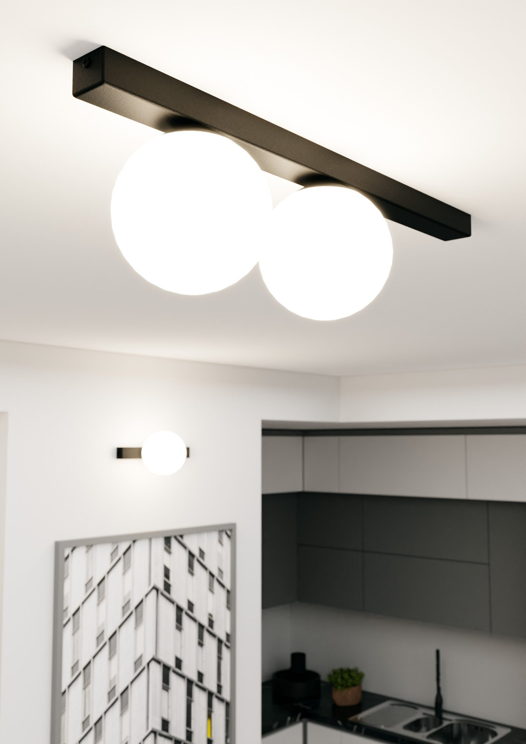 Plafonnier Fit base en métal rectangle noire avec abat-jour en boule de verre au design contemporain par Emibig Plafonnier Fit base en métal rectangle noire avec abat-jour en boule de verre au design contemporain par Emibig