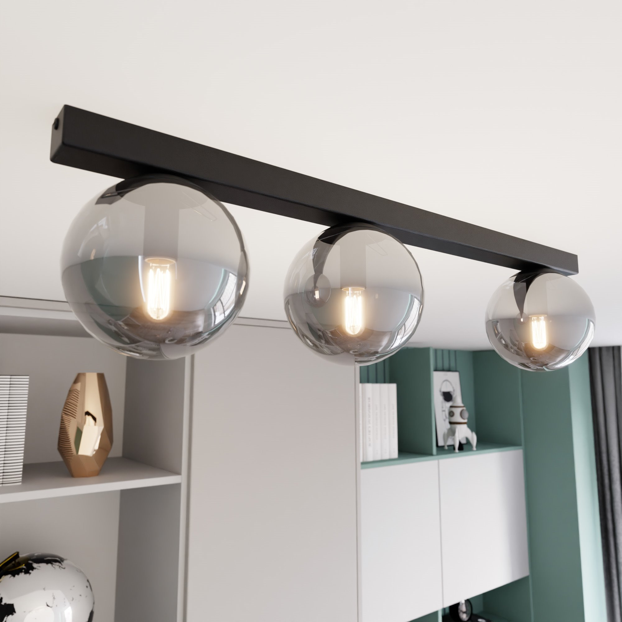 Plafonnier Fit base en métal rectangle noire avec abat-jour en boule de verre au design contemporain par Emibig Plafonnier Fit base en métal rectangle noire avec abat-jour en boule de verre au design contemporain par Emibig