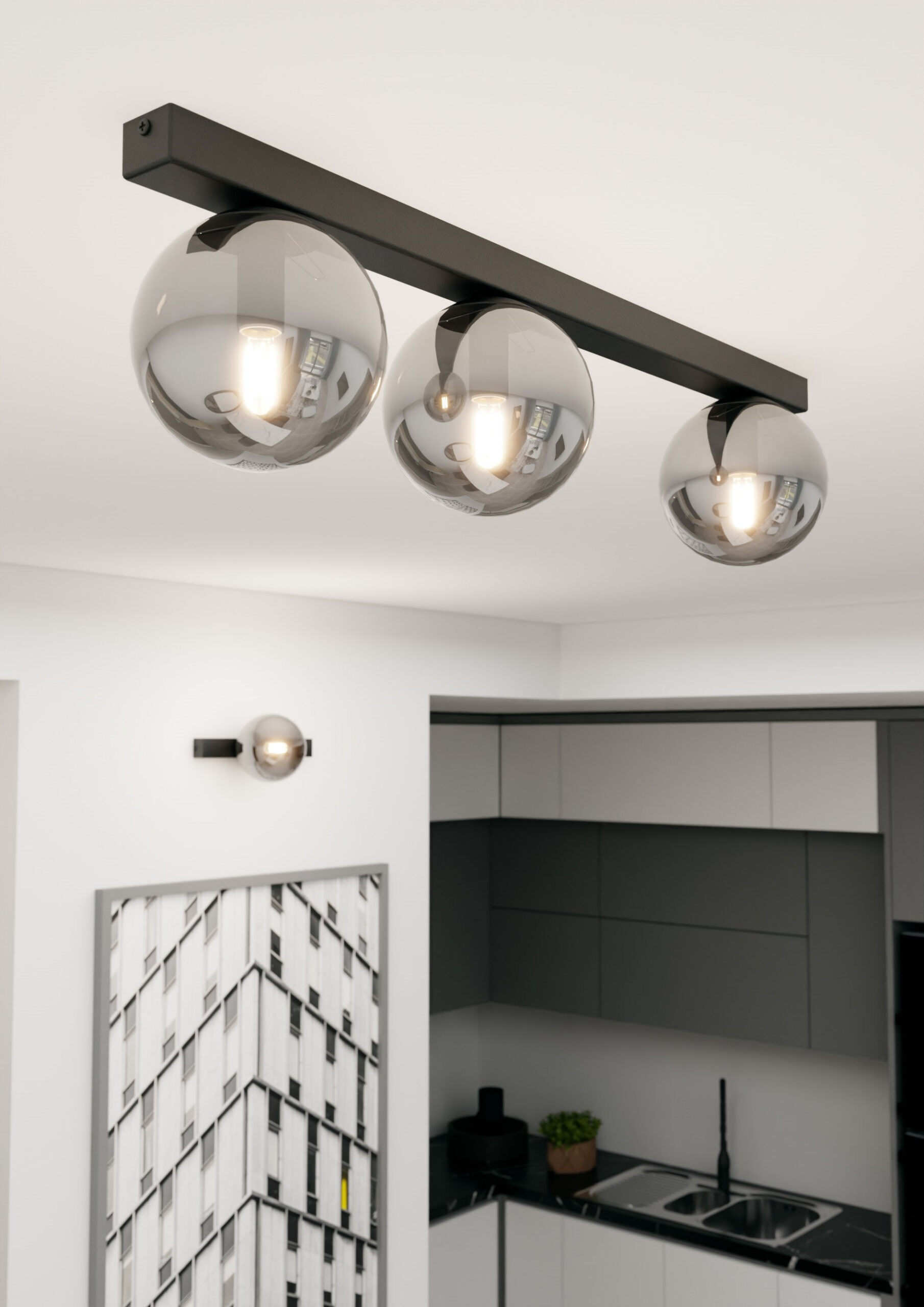 Plafonnier Fit base en métal rectangle noire avec abat-jour en boule de verre au design contemporain par Emibig Plafonnier Fit base en métal rectangle noire avec abat-jour en boule de verre au design contemporain par Emibig