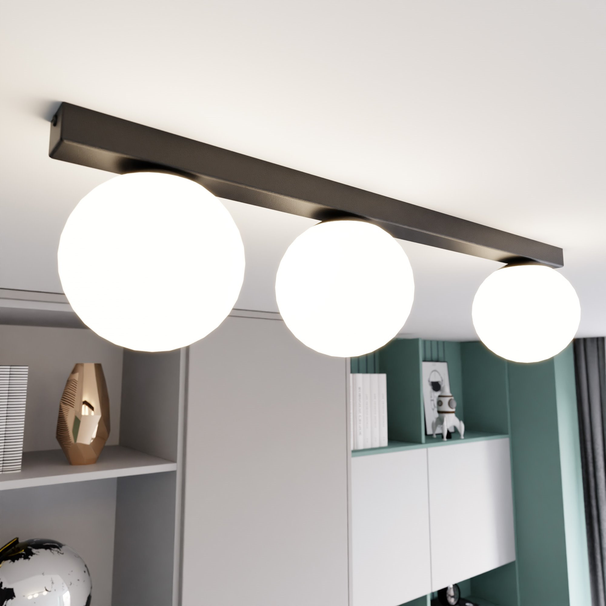 Plafonnier Fit base en métal rectangle noire avec abat-jour en boule de verre au design contemporain par Emibig Plafonnier Fit base en métal rectangle noire avec abat-jour en boule de verre au design contemporain par Emibig