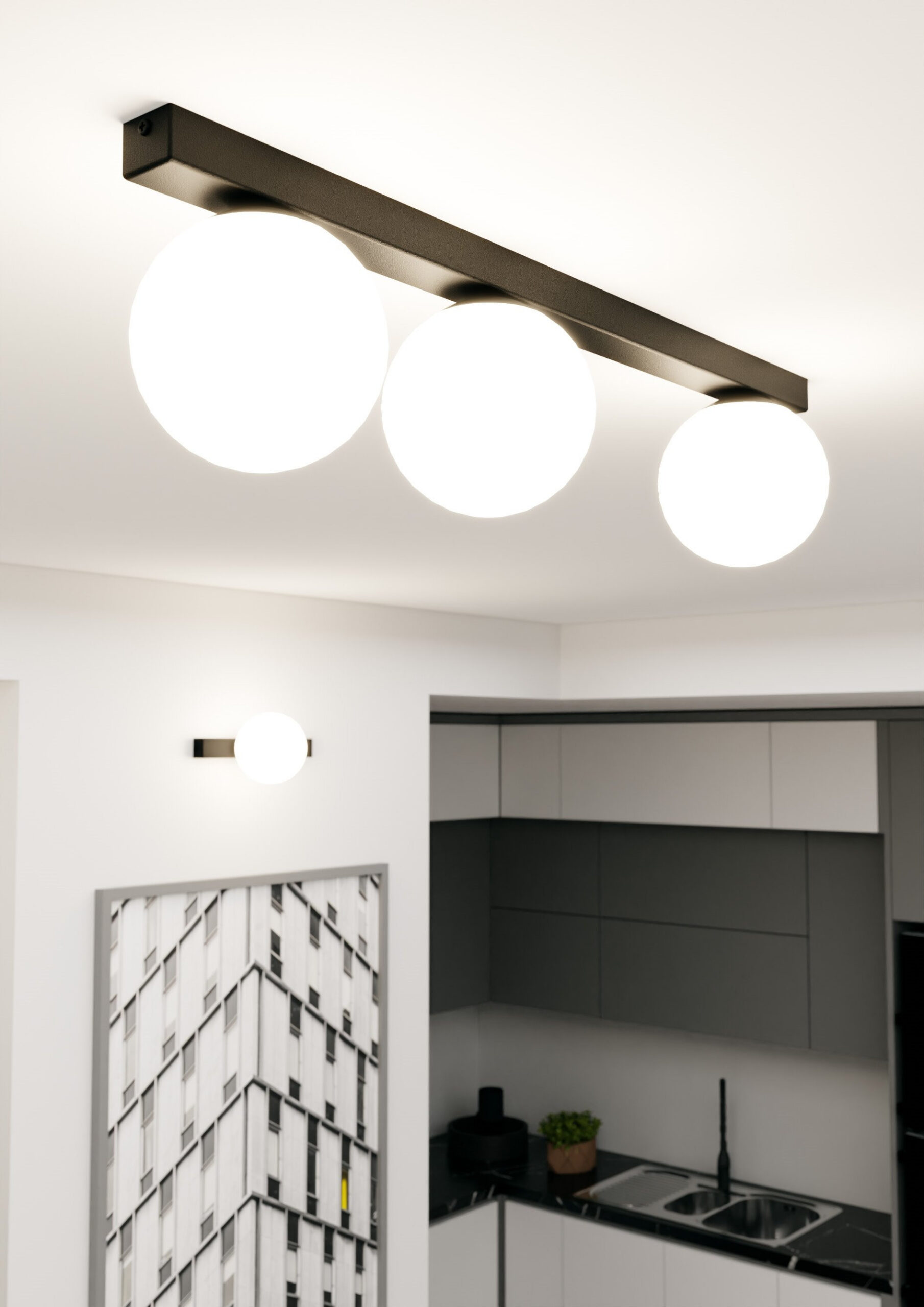 Plafonnier Fit base en métal rectangle noire avec abat-jour en boule de verre au design contemporain par Emibig Plafonnier Fit base en métal rectangle noire avec abat-jour en boule de verre au design contemporain par Emibig