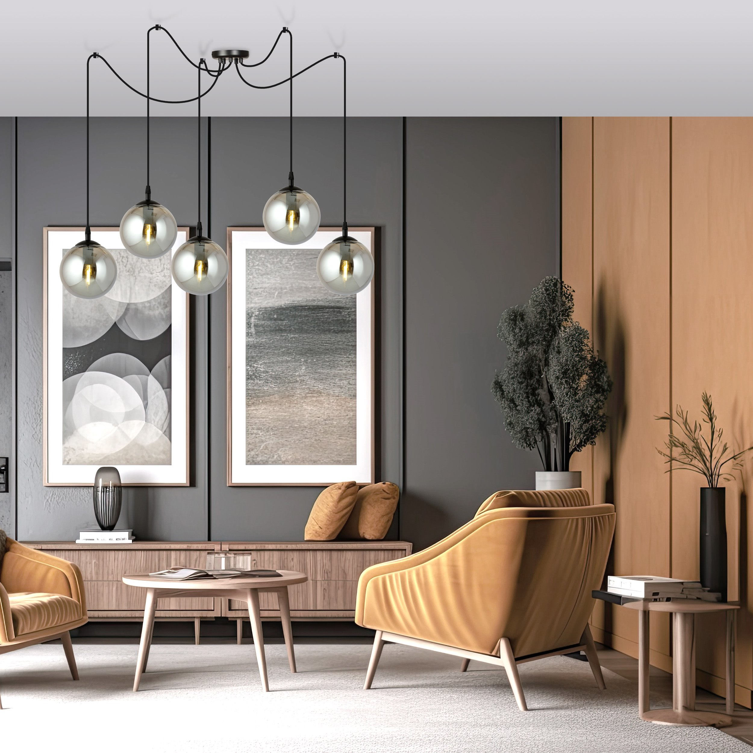 Suspension Gigi en forme d'araignée avec abat-jour en boule de verre au design contemporain par Emibig Suspension Gigi en forme d'araignée avec abat-jour en boule de verre au design contemporain par Emibig