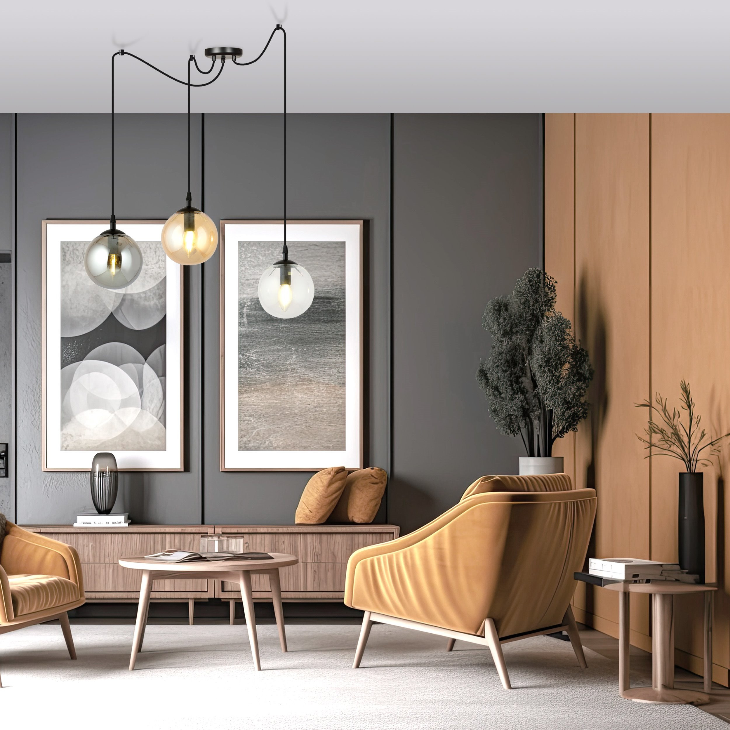 Suspension Gigi en forme d'araignée avec abat-jour en boule de verre au design contemporain par Emibig Suspension Gigi en forme d'araignée avec abat-jour en boule de verre au design contemporain par Emibig