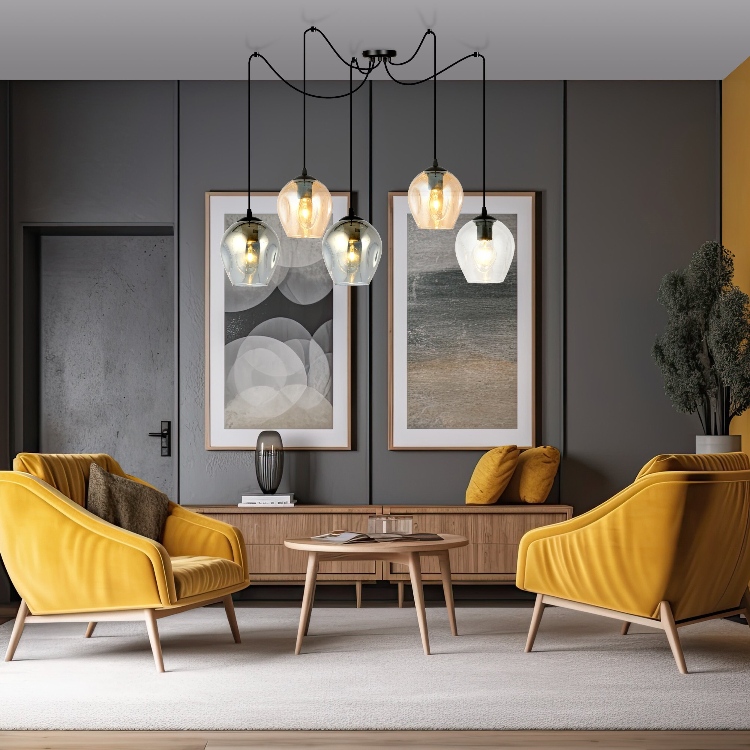 Suspension Level en forme d'araignée avec abat-jour en verre au design contemporain par Emibig Suspension Level en forme d'araignée avec abat-jour en verre au design contemporain par Emibig
