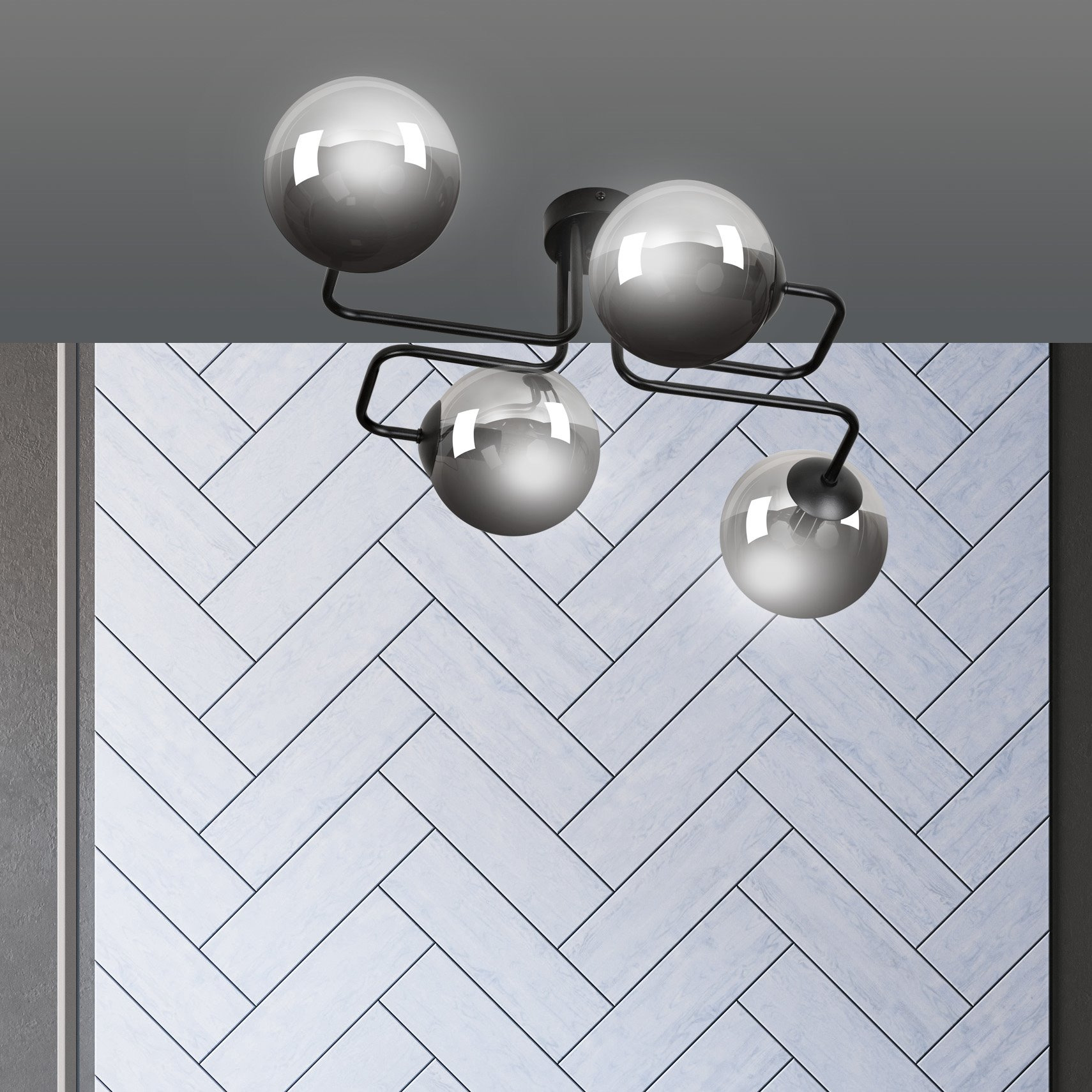 Plafonnier Brendi base en métal à bras multiple avec abat-jour en boule de verre au design contemporain par Emibig