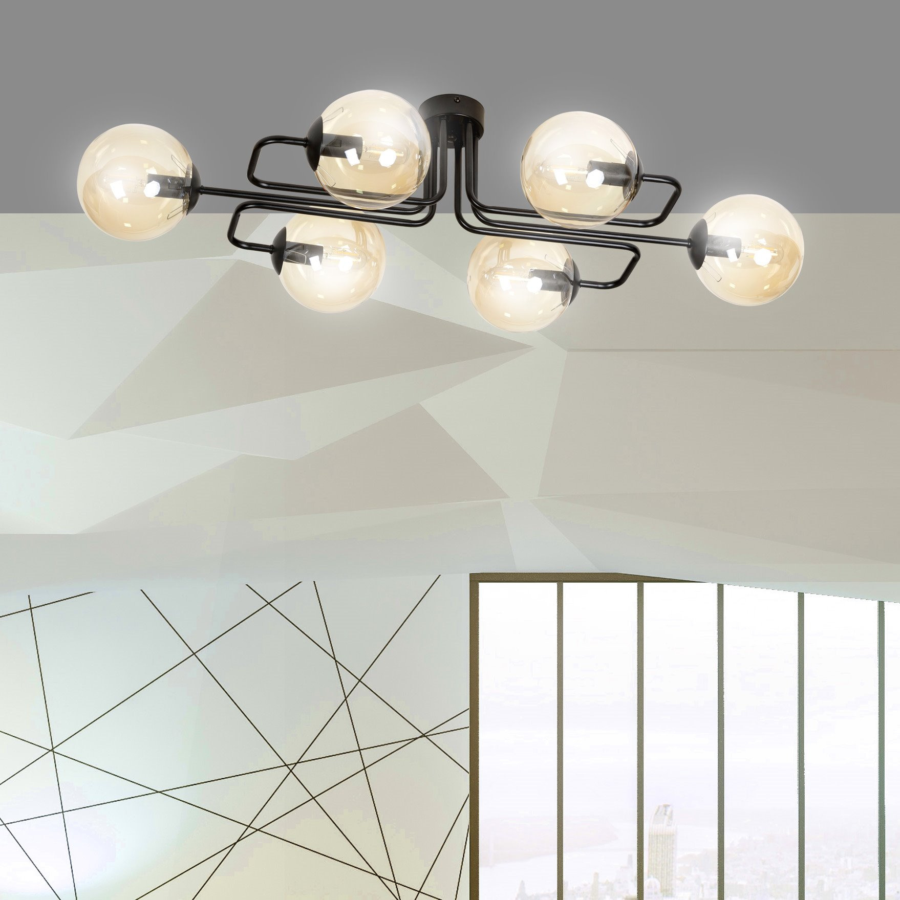 Plafonnier Brendi base en métal à bras multiple avec abat-jour en boule de verre au design contemporain par Emibig Plafonnier Brendi base en métal à bras multiple avec abat-jour en boule de verre au design contemporain par Emibig