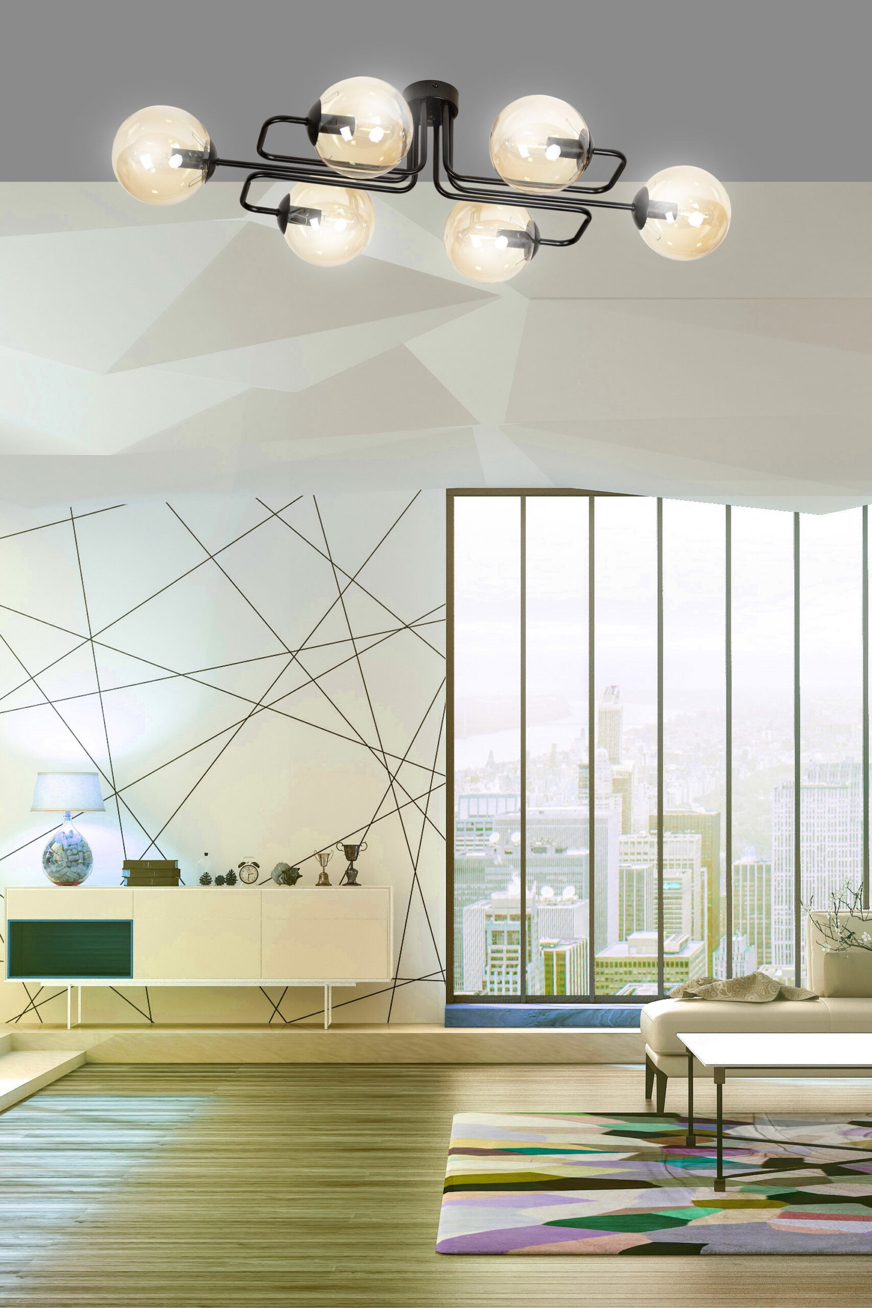 Plafonnier Brendi base en métal à bras multiple avec abat-jour en boule de verre au design contemporain par Emibig Plafonnier Brendi base en métal à bras multiple avec abat-jour en boule de verre au design contemporain par Emibig