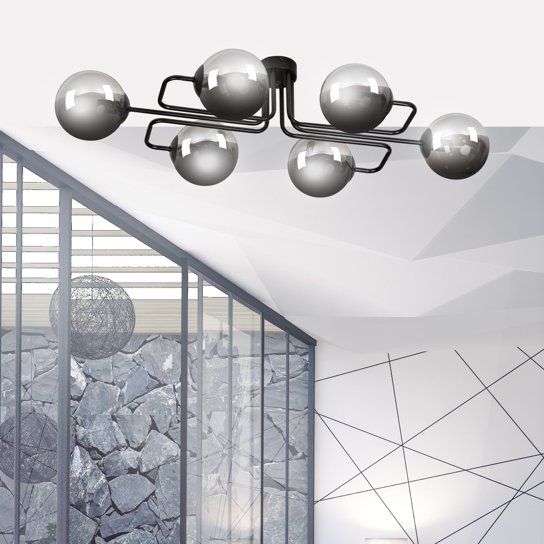 Plafonnier Brendi base en métal à bras multiple avec abat-jour en boule de verre au design contemporain par Emibig Plafonnier Brendi base en métal à bras multiple avec abat-jour en boule de verre au design contemporain par Emibig