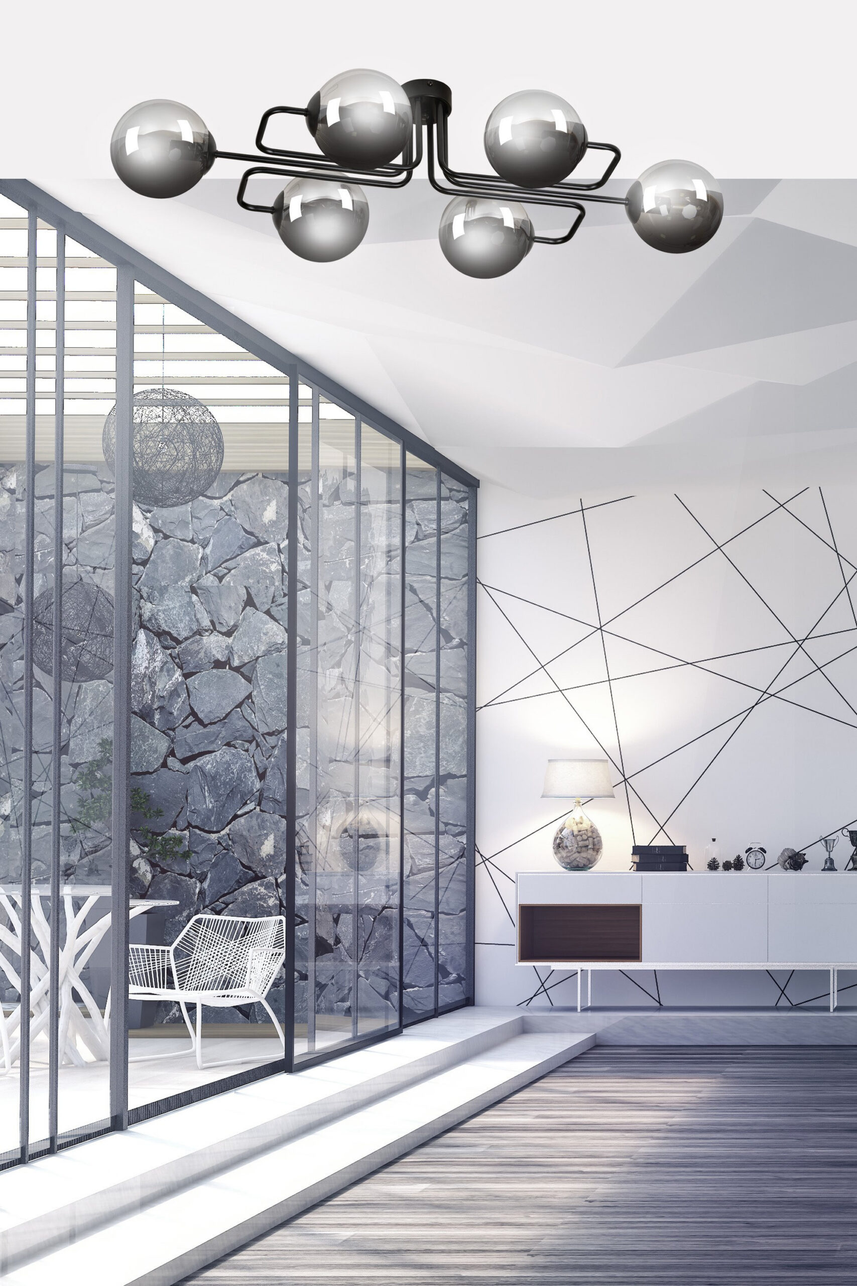 Plafonnier Brendi base en métal à bras multiple avec abat-jour en boule de verre au design contemporain par Emibig Plafonnier Brendi base en métal à bras multiple avec abat-jour en boule de verre au design contemporain par Emibig
