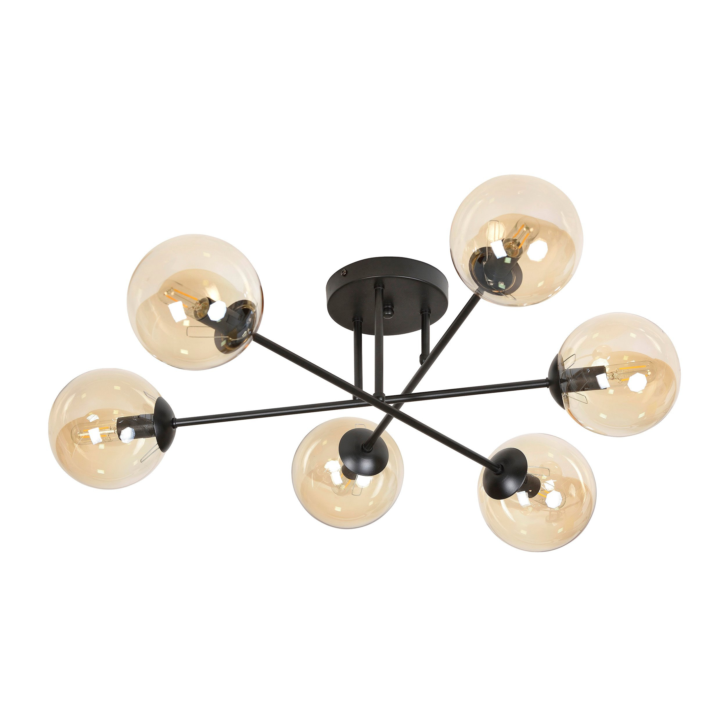 Plafonnier Brendi 6B base métal en forme d'étoile avec abat-jour boule en verre au design contemporain par Emibig Plafonnier Brendi 6B base métal en forme d'étoile avec abat-jour boule en verre au design contemporain par Emibig