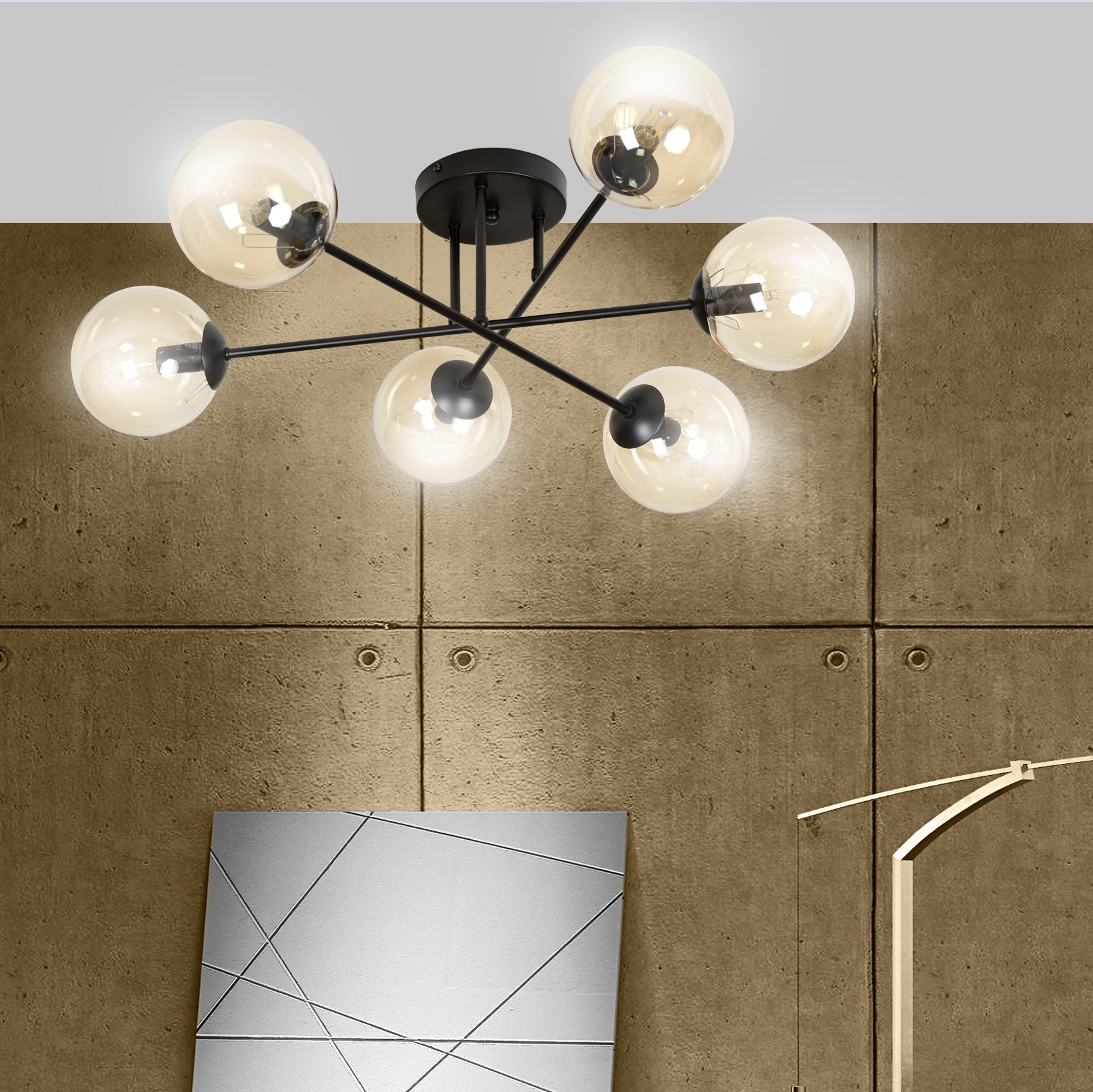Plafonnier Brendi 6B base métal en forme d'étoile avec abat-jour boule en verre au design contemporain par Emibig Plafonnier Brendi 6B base métal en forme d'étoile avec abat-jour boule en verre au design contemporain par Emibig