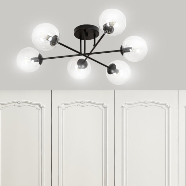 Plafonnier Brendi 6B base métal en forme d'étoile avec abat-jour boule en verre au design contemporain par Emibig