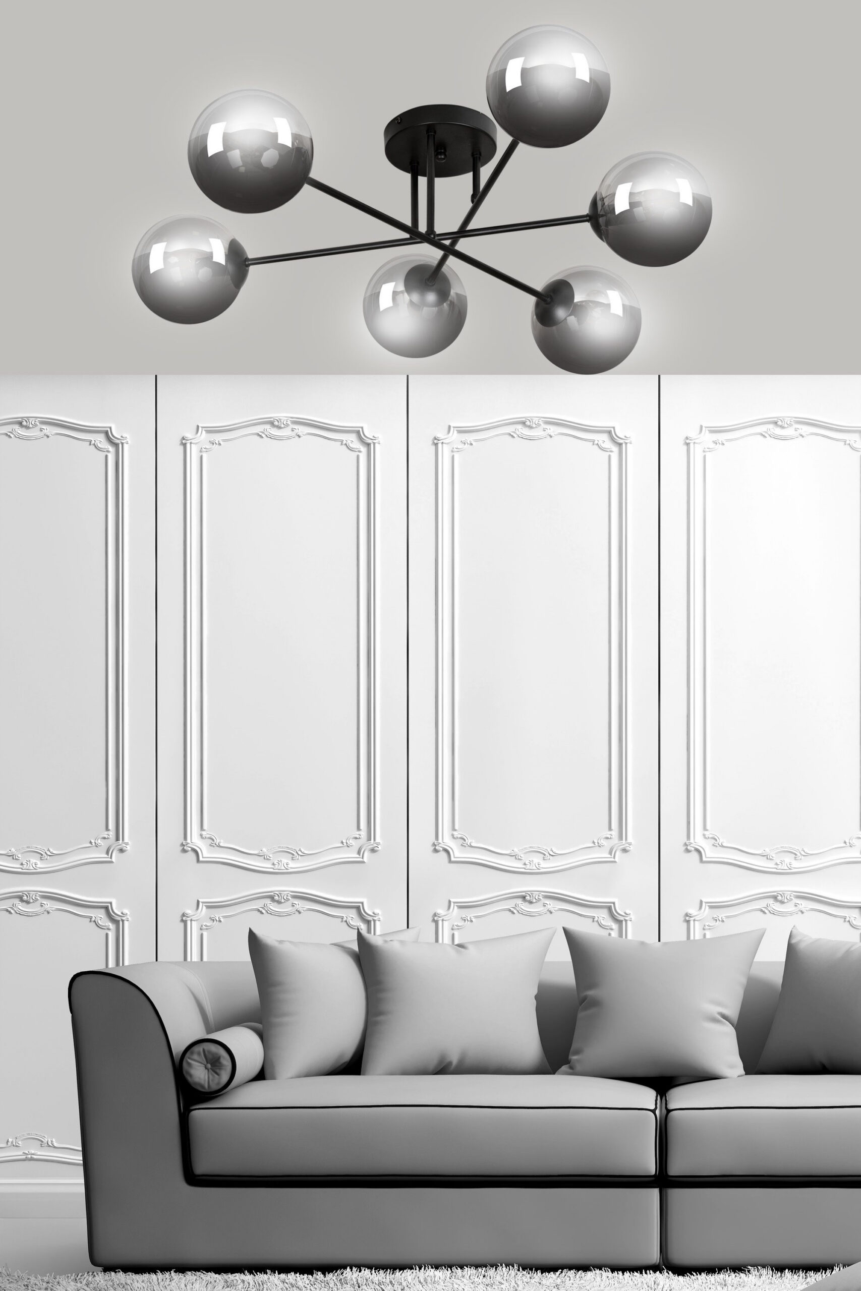 Plafonnier Brendi 6B base métal en forme d'étoile avec abat-jour boule en verre au design contemporain par Emibig Plafonnier Brendi 6B base métal en forme d'étoile avec abat-jour boule en verre au design contemporain par Emibig