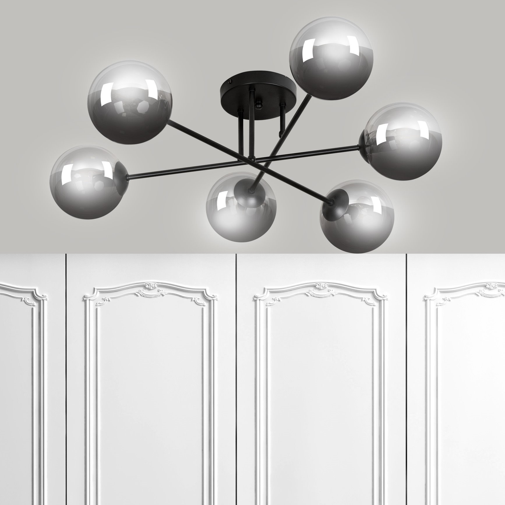 Plafonnier Brendi 6B base métal en forme d'étoile avec abat-jour boule en verre au design contemporain par Emibig Plafonnier Brendi 6B base métal en forme d'étoile avec abat-jour boule en verre au design contemporain par Emibig