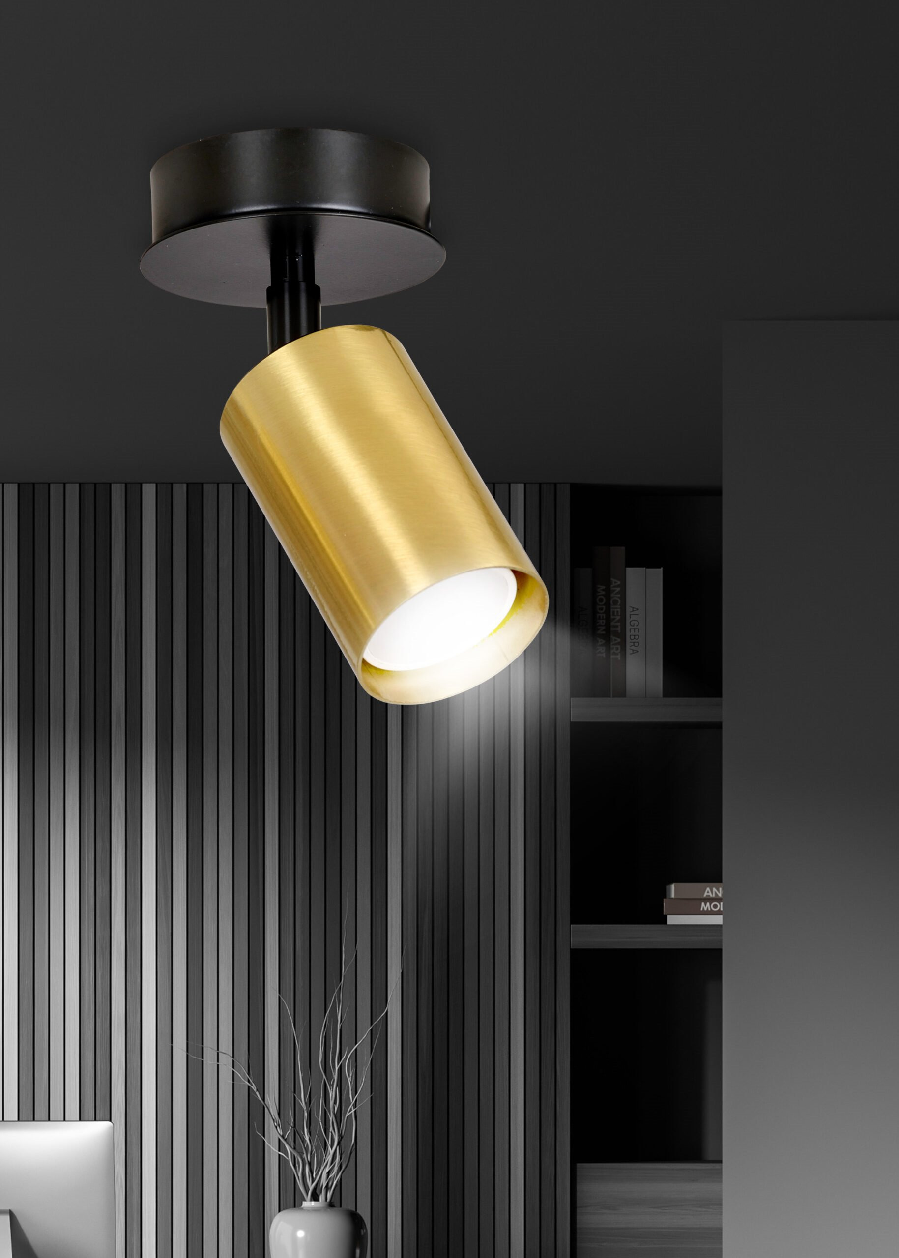 Plafonnier Spot Zen base en métal avec abat-jour tube doré au design contemporain par Emibig Plafonnier Spot Zen base en métal avec abat-jour tube doré au design contemporain par Emibig