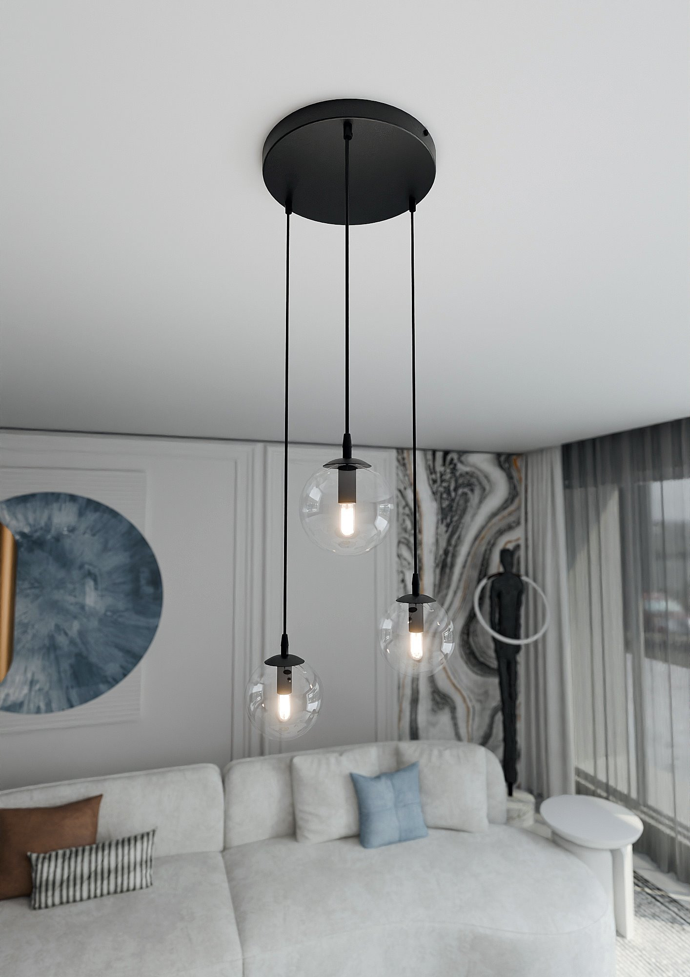 Suspension Cosmo base en métal en disque et abat-jour en verre au design contemporain par Emibig Suspension Cosmo base en métal en disque et abat-jour en verre au design contemporain par Emibig