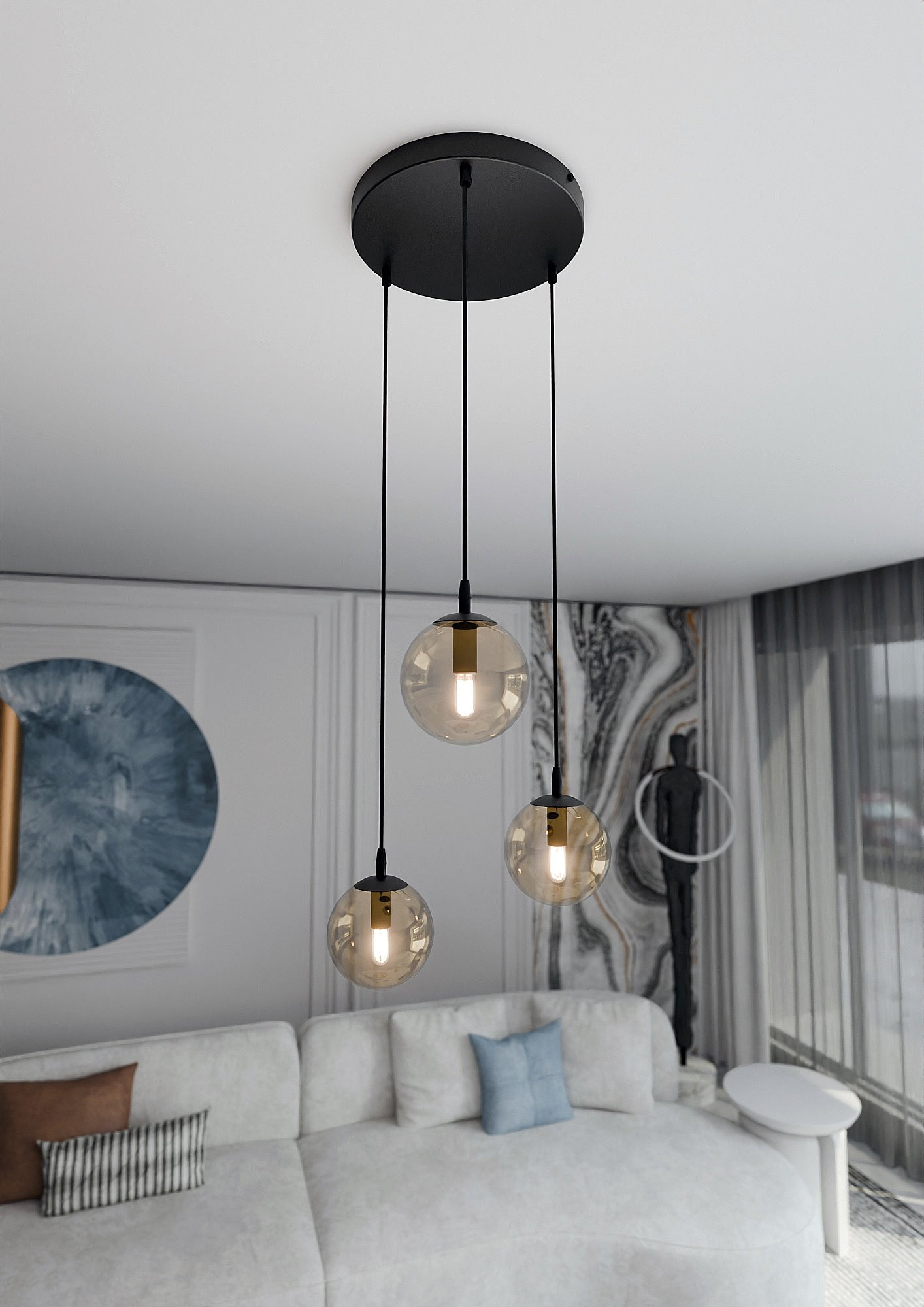 Suspension Cosmo base en métal en disque et abat-jour en verre au design contemporain par Emibig Suspension Cosmo base en métal en disque et abat-jour en verre au design contemporain par Emibig