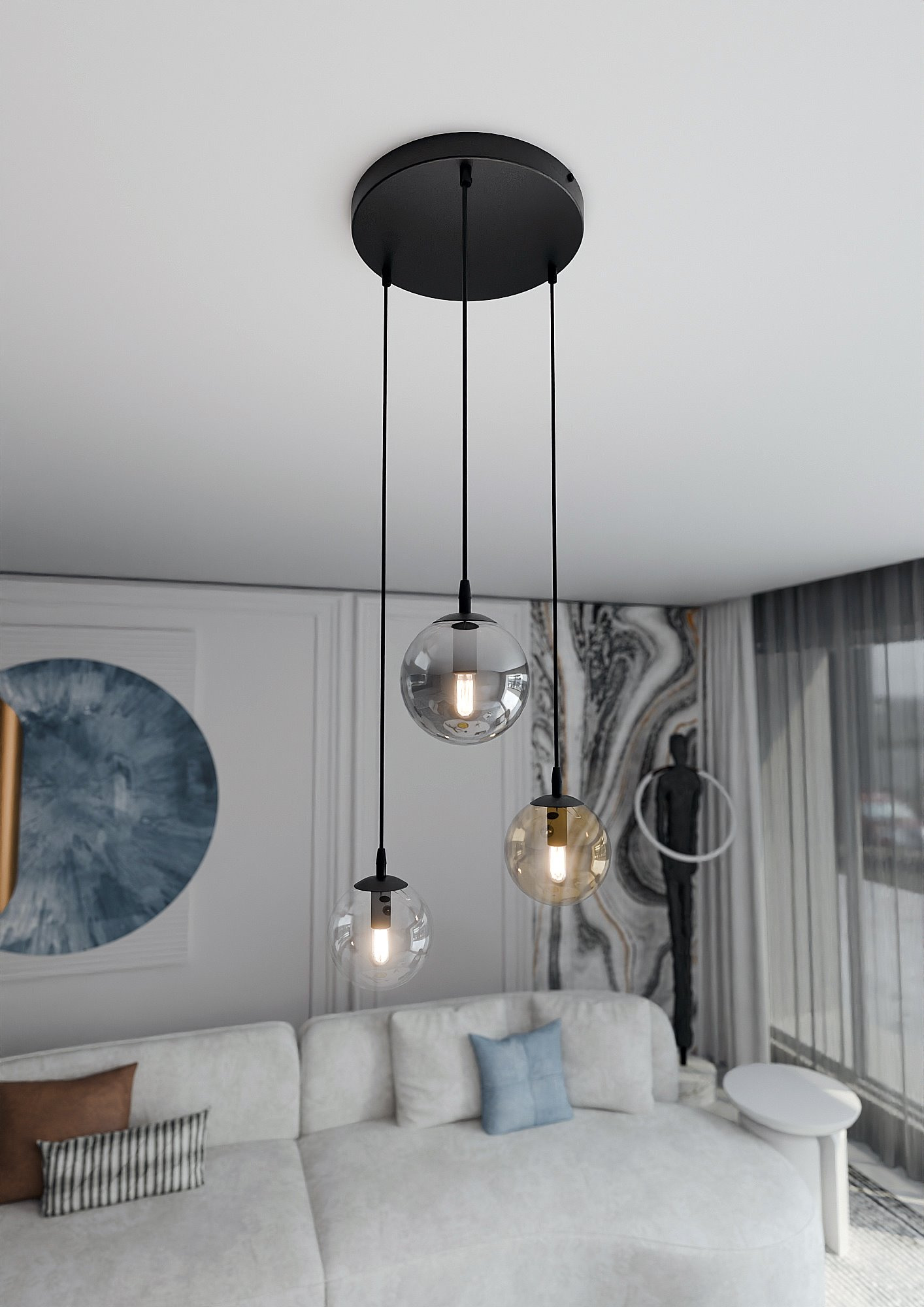 Suspension Cosmo base en métal en disque et abat-jour en verre au design contemporain par Emibig Suspension Cosmo base en métal en disque et abat-jour en verre au design contemporain par Emibig