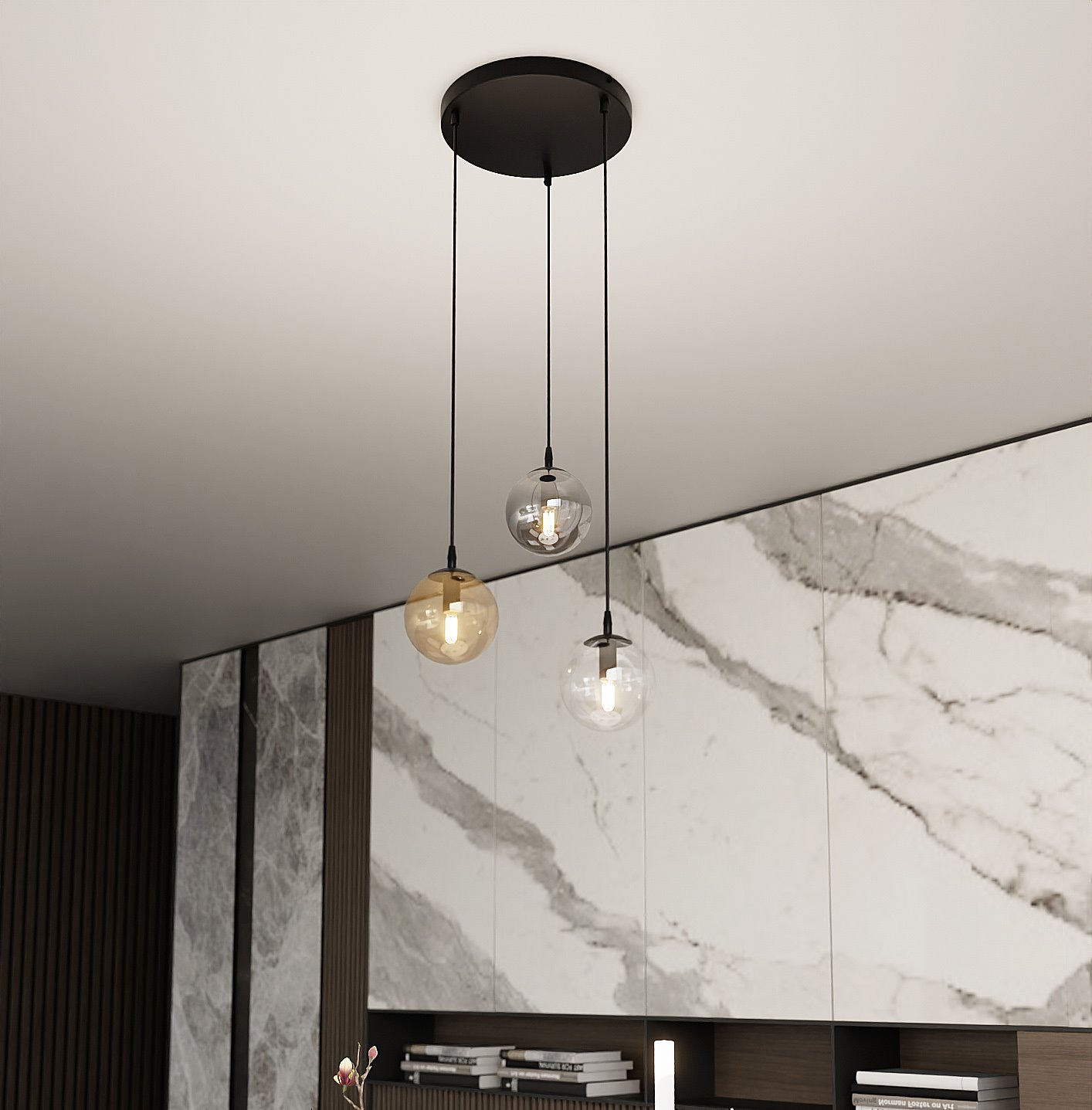 Suspension Cosmo base en métal en disque et abat-jour en verre au design contemporain par Emibig Suspension Cosmo base en métal en disque et abat-jour en verre au design contemporain par Emibig