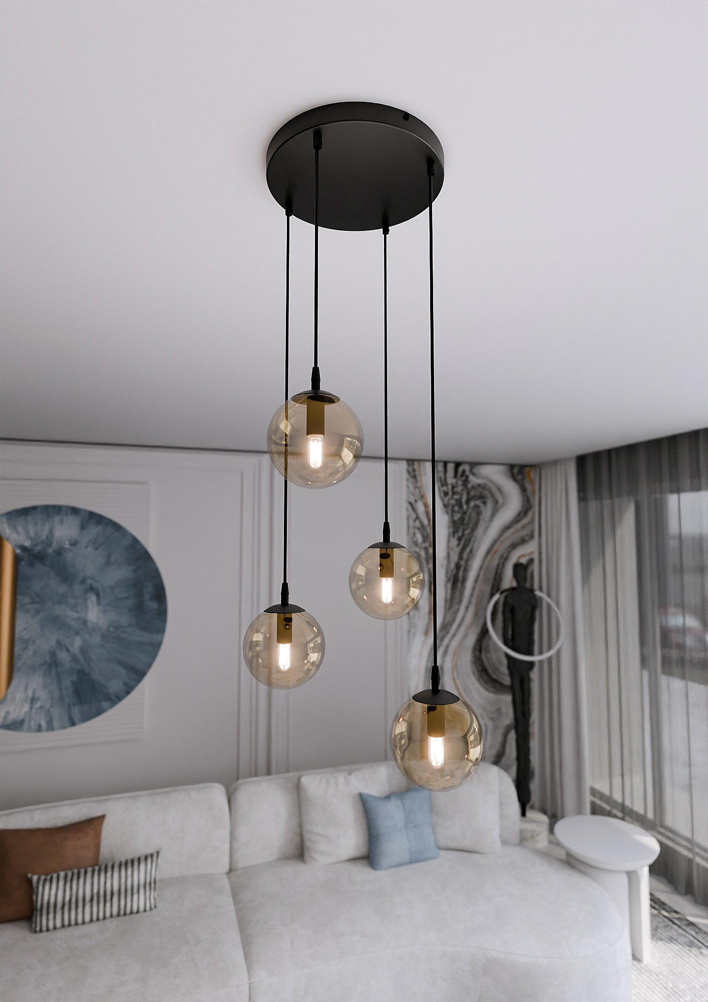 Suspension Cosmo base en métal en disque et abat-jour en verre au design contemporain par Emibig Suspension Cosmo base en métal en disque et abat-jour en verre au design contemporain par Emibig