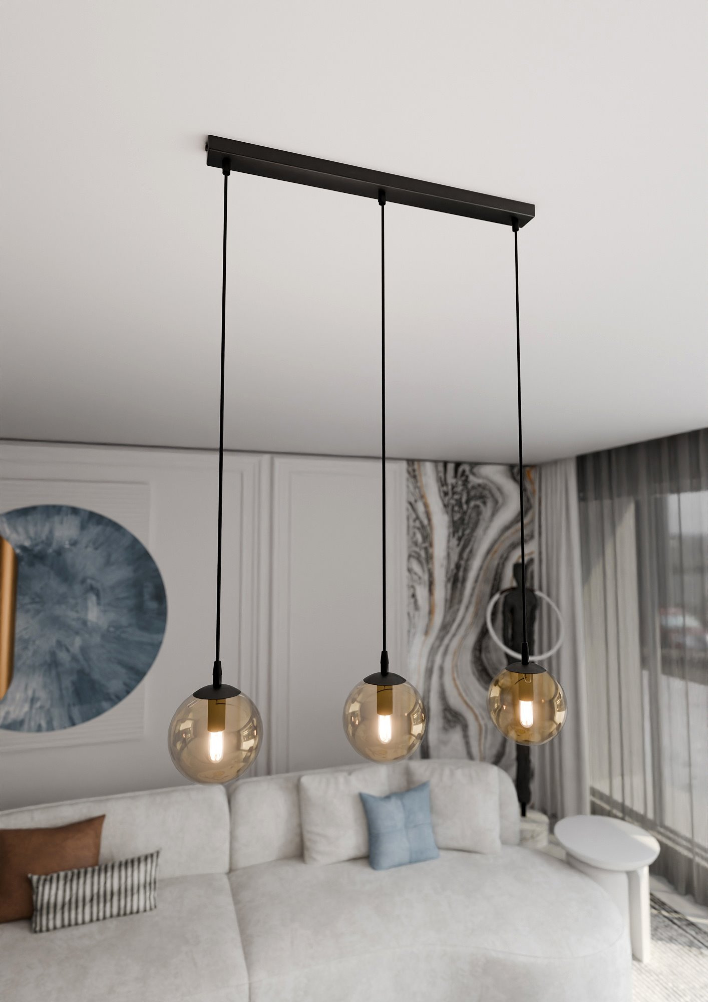 Suspension Cosmo base en métal rectangulaire et abat-jour en verre au design contemporain par Emibig Suspension Cosmo base en métal rectangulaire et abat-jour en verre au design contemporain par Emibig