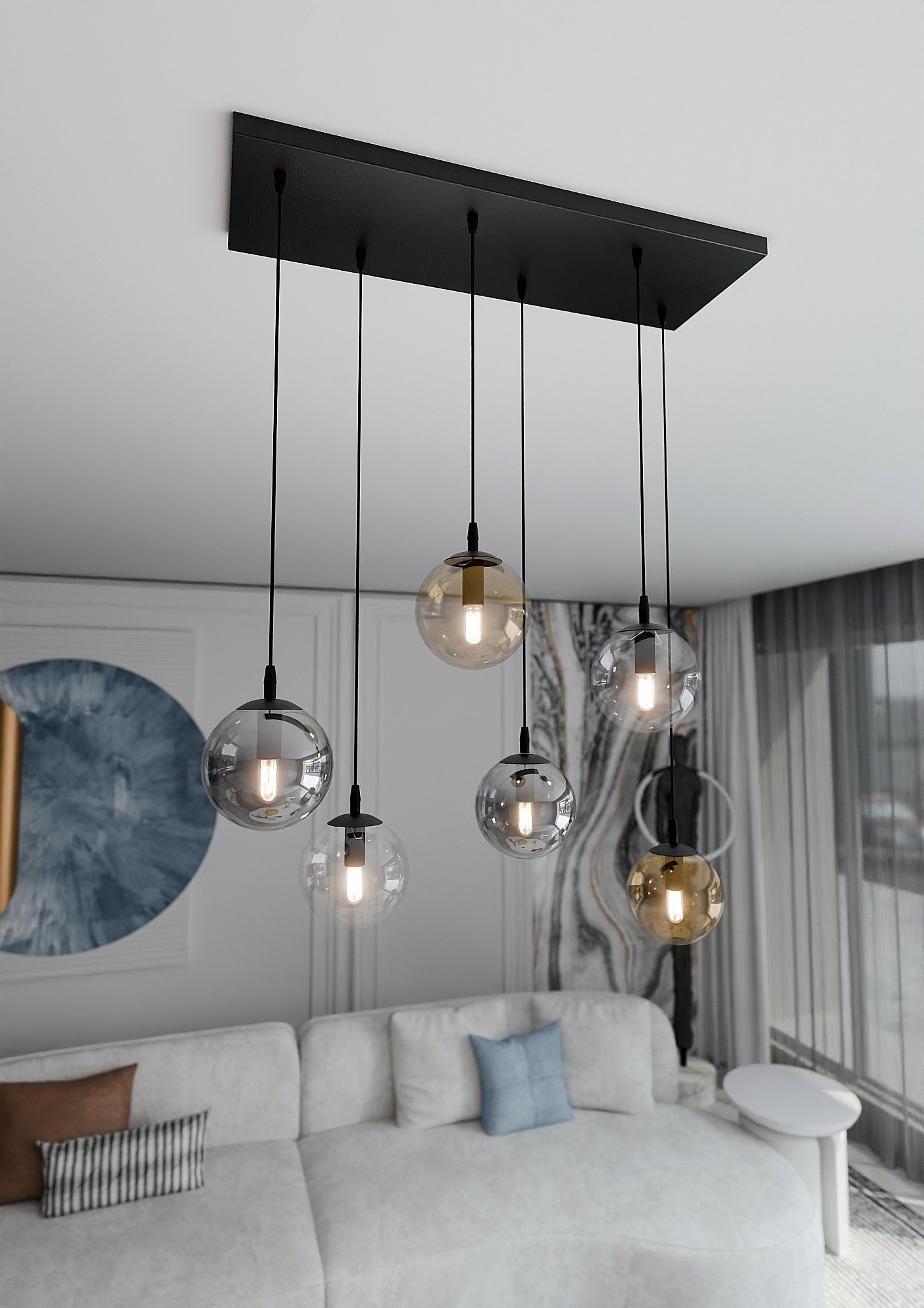 Suspension Cosmo base en métal rectangulaire et abat-jour en verre au design contemporain par Emibig Suspension Cosmo base en métal rectangulaire et abat-jour en verre au design contemporain par Emibig