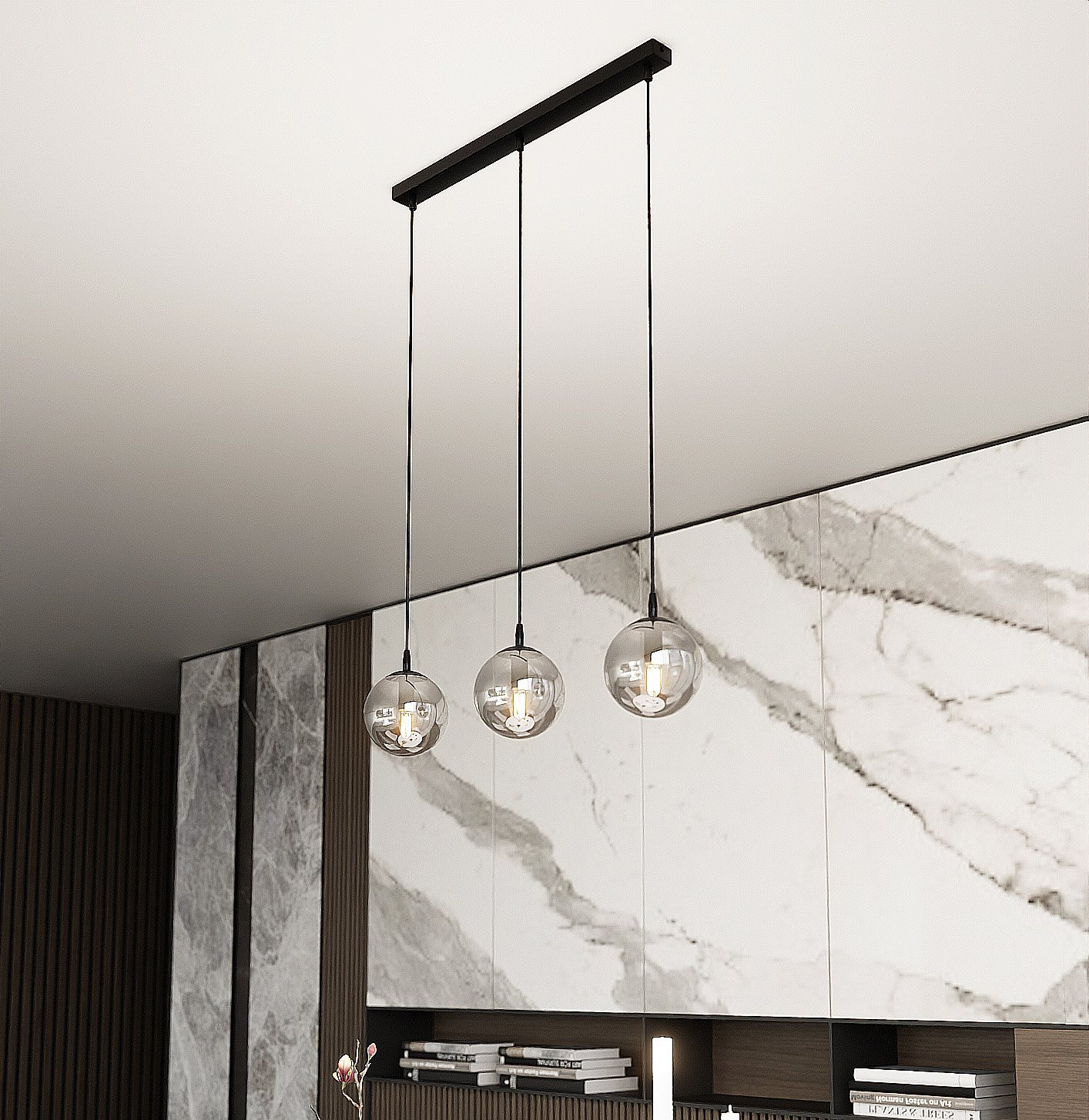 Suspension Cosmo base en métal rectangulaire et abat-jour en verre au design contemporain par Emibig Suspension Cosmo base en métal rectangulaire et abat-jour en verre au design contemporain par Emibig