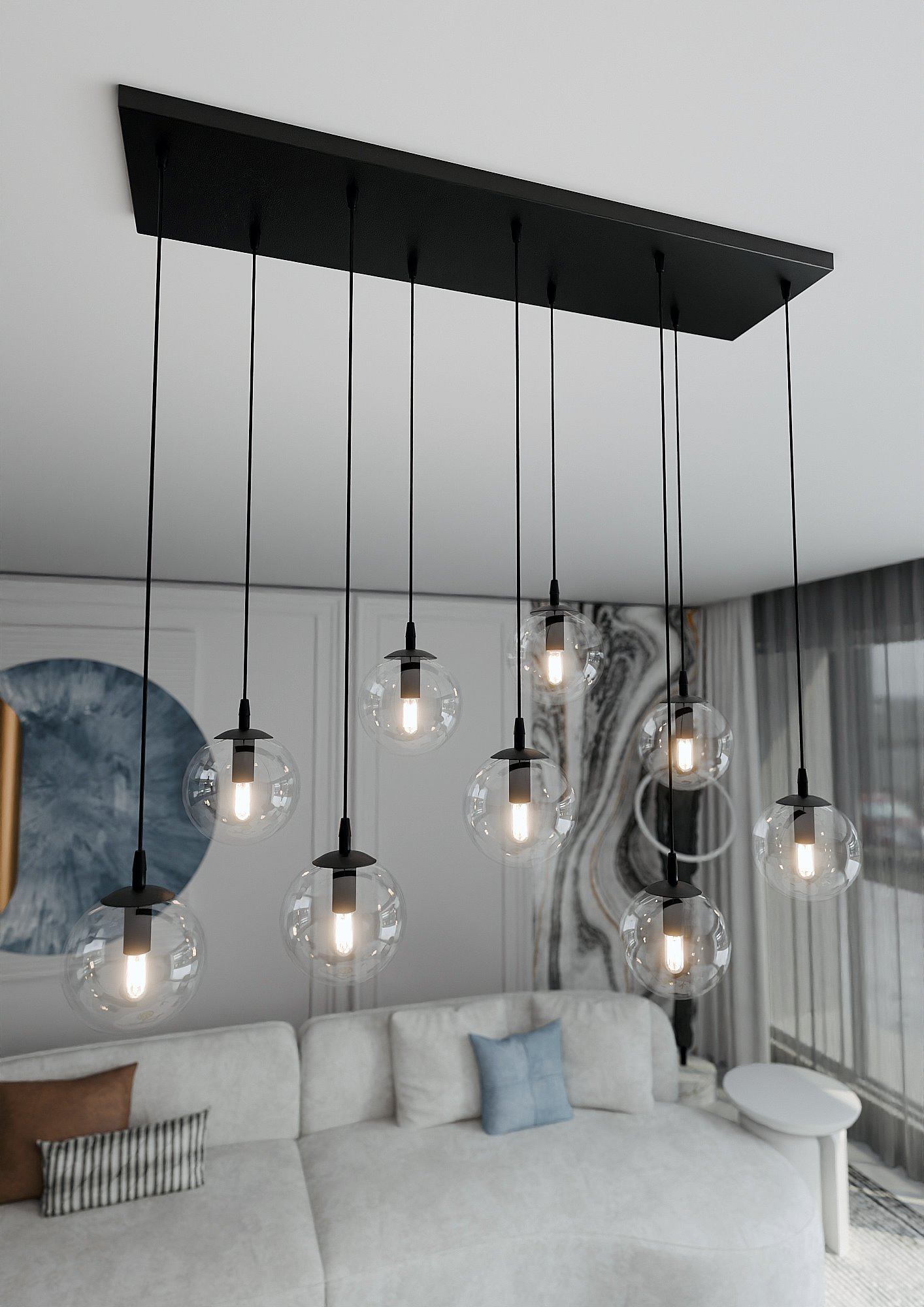 Suspension Cosmo base en métal rectangulaire et abat-jour en verre au design contemporain par Emibig Suspension Cosmo base en métal rectangulaire et abat-jour en verre au design contemporain par Emibig