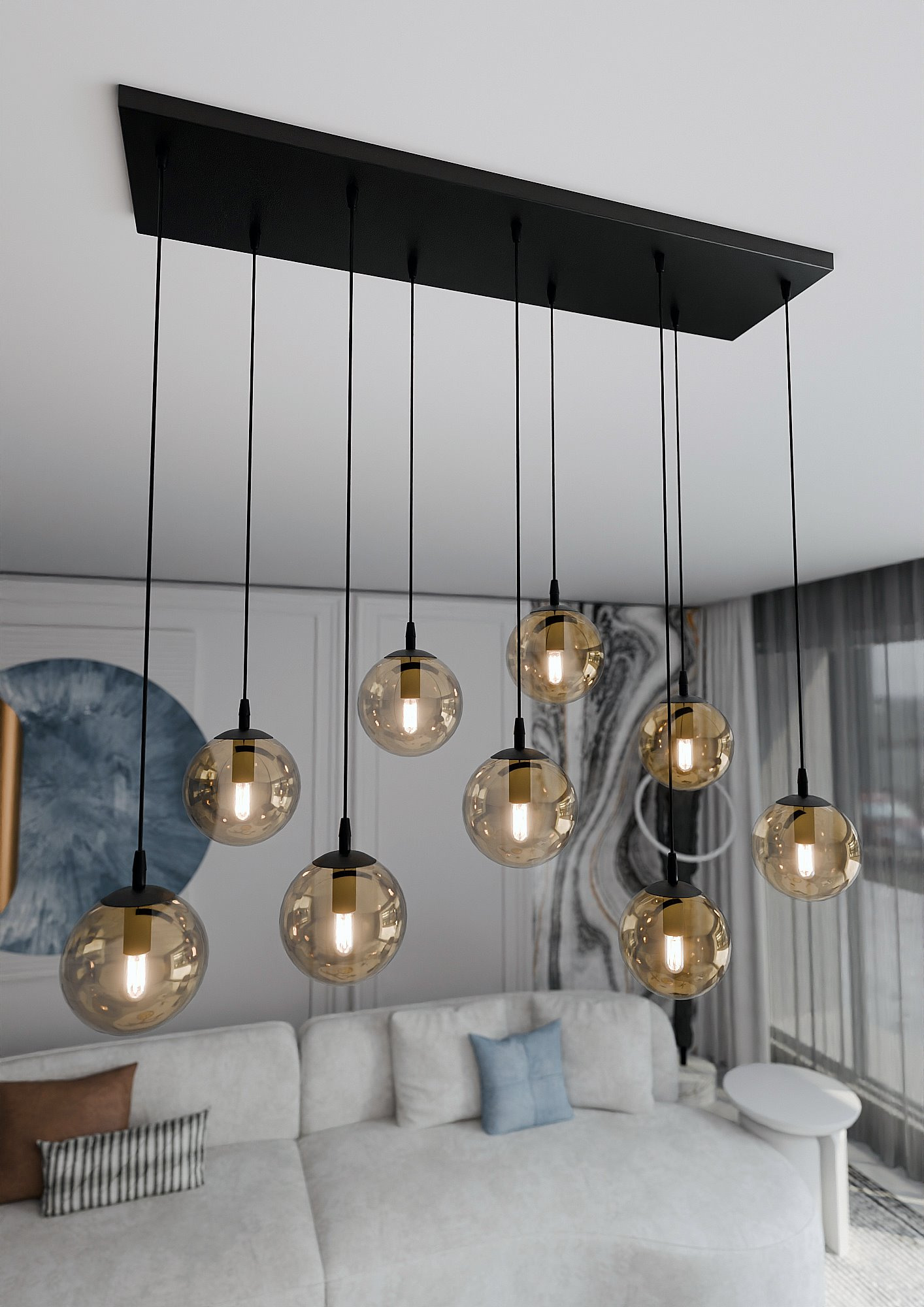 Suspension Cosmo base en métal rectangulaire et abat-jour en verre au design contemporain par Emibig Suspension Cosmo base en métal rectangulaire et abat-jour en verre au design contemporain par Emibig