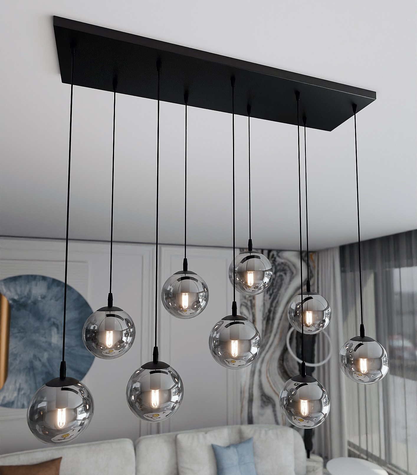 Suspension Cosmo base en métal rectangulaire et abat-jour en verre au design contemporain par Emibig Suspension Cosmo base en métal rectangulaire et abat-jour en verre au design contemporain par Emibig